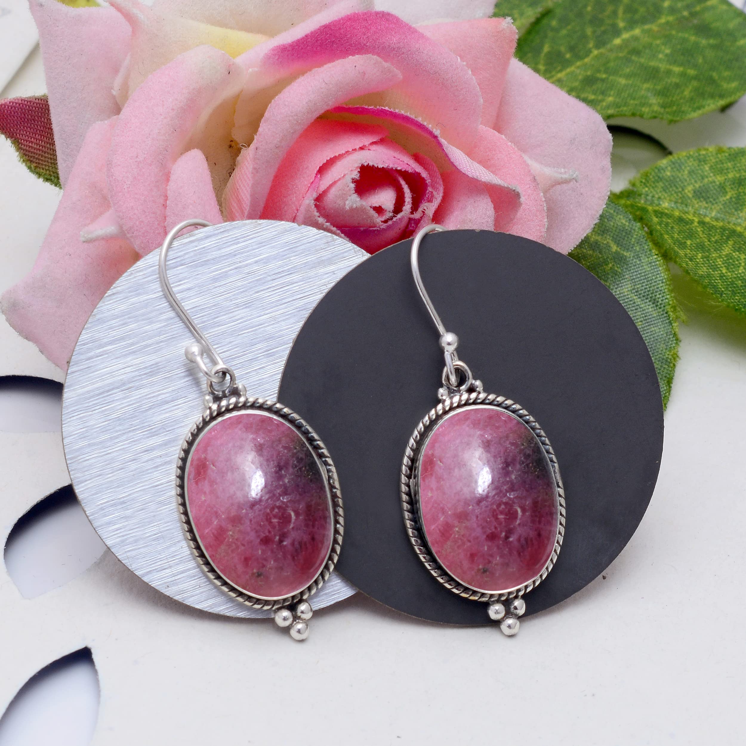 Veracity Jewelry Rhodonite Earrings for Women - 925 Sterling Silver Pink Gemstone Stud Earrings - Handmade Rhodonite Jewelry Gift for Her - Perfect for Valentine's Day, Anniversary & Special Occasions
