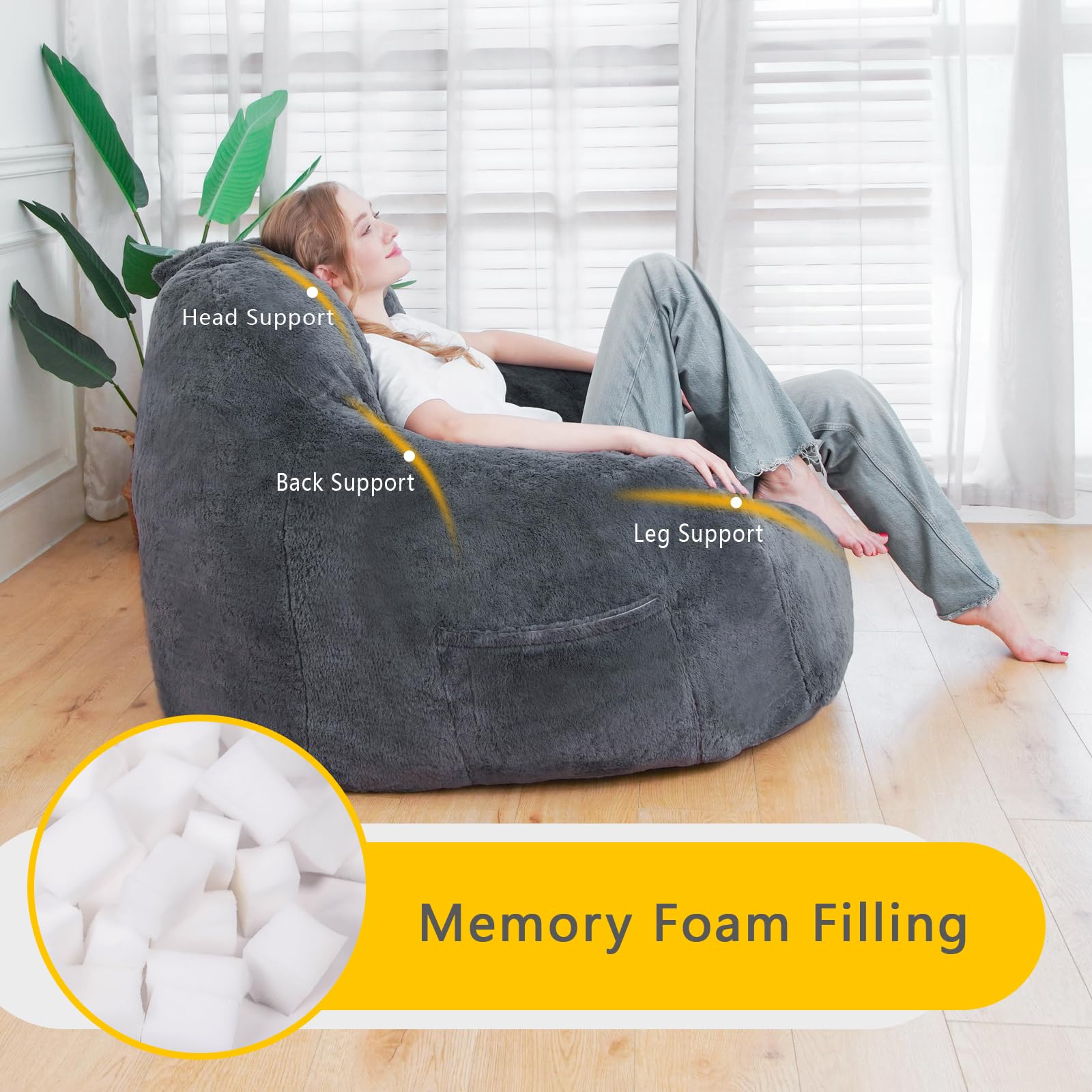 Giant Memory Foam Bean Bag Chair for Adults with Armrests - Oversized Bean Bag Sofa Couch with Removable Cover & Non-Slip Bottom - Comfortable Lounge Chair for Bedroom, Living Room, Game Room & Home Theater (Grey)