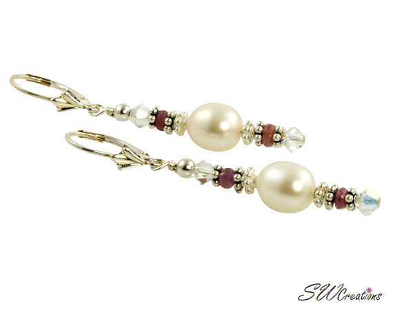 Pink Sapphire Gemstone Pearl Beaded Earrings for Women - Elegant Dangle Drop Jewelry for Wedding, Party & Special Occasions