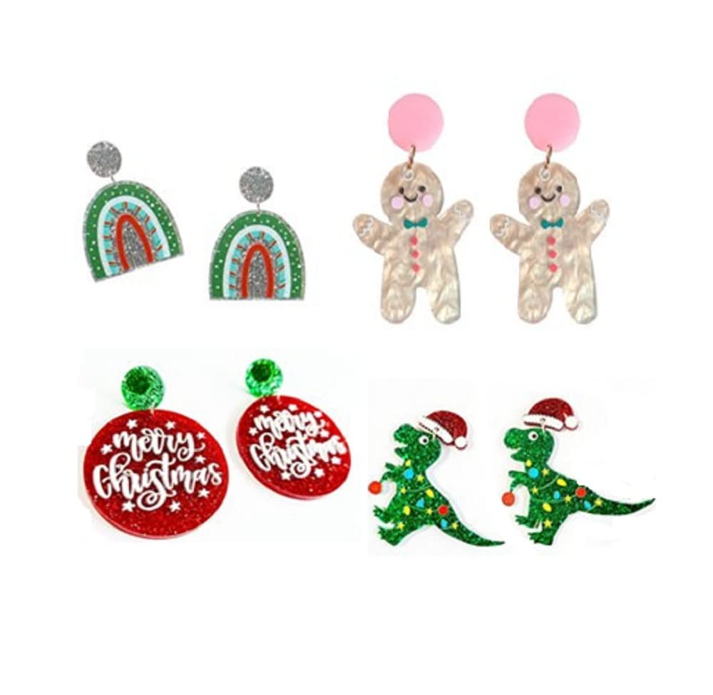4 Pairs Christmas Earrings for Women - Festive Acrylic Stud Earrings Set with Gingerbread, Dinosaur & Rainbow Designs - Perfect Holiday Gifts for Women & Girls (Great for Christmas Parties, Gift Exchanges & Festive Outfits)