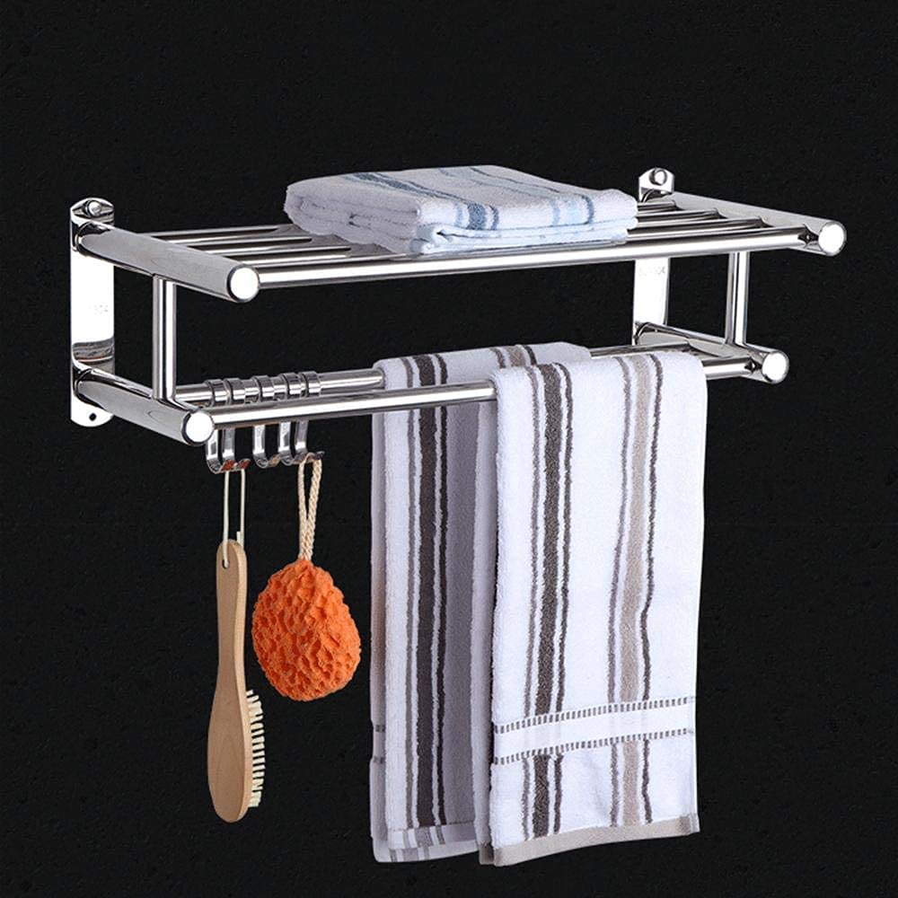 Stainless Steel Wall Mounted Towel Rack with Hooks - Double Towel Bar Rail & Storage Shelf Holder for Bathroom & Kitchen - 40cm & 50cm Options - Perfect for Small Spaces & Modern Home Decor