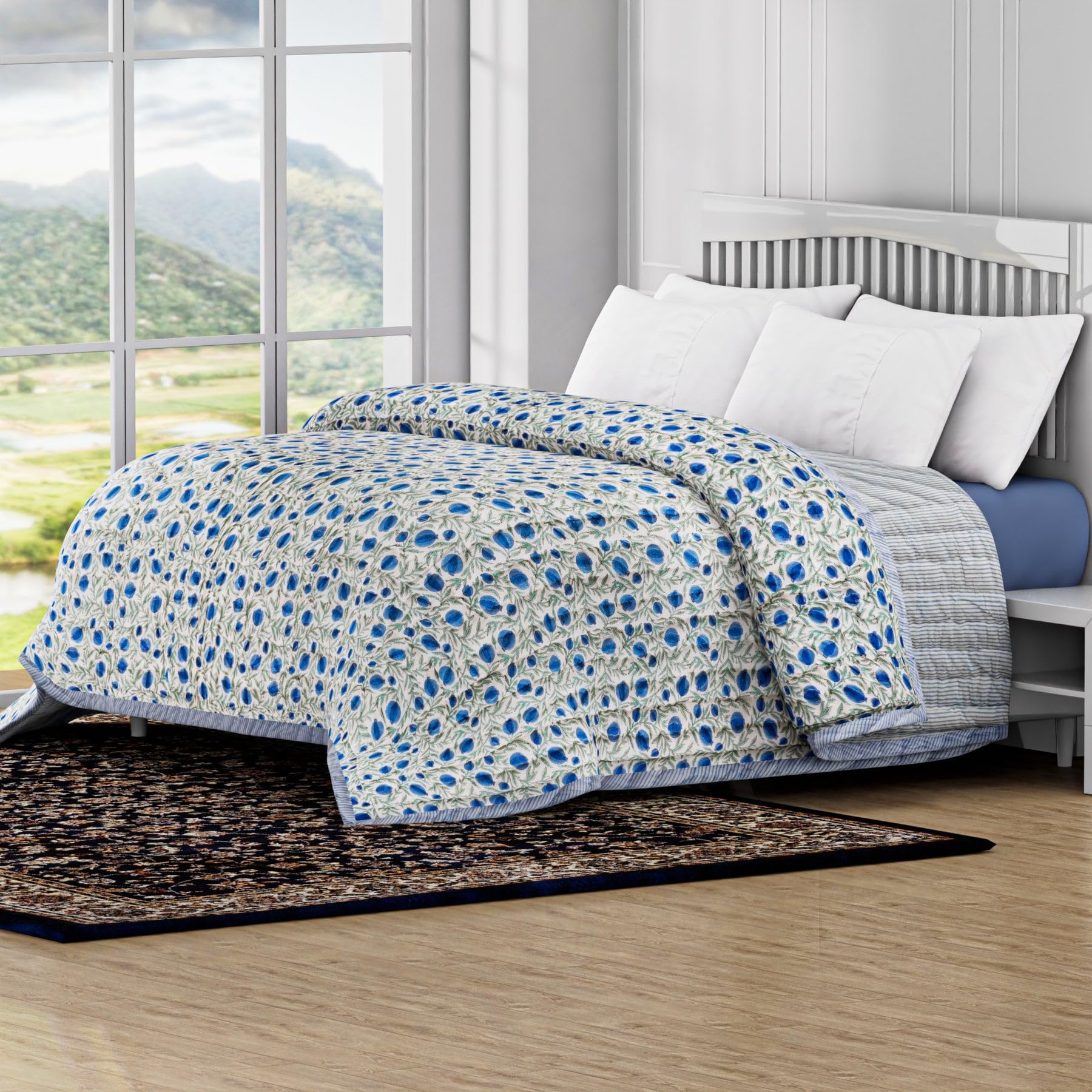 Ridhi Block Print Reversible Queen Size Throw Blanket - 100% Cotton Blue & Sage Quilted Cover for Bed & Couch - Luxury Oversized 90