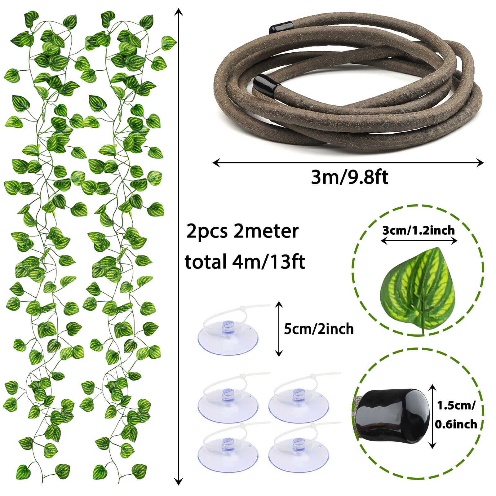Premium Reptile Tank Accessories Set - Artificial Plants, Flexible Vines with Suction Cups & Hide Decor for Crested Geckos, Chameleons, Lizards - Natural Climbing Habitat for Terrariums & Vivariums
