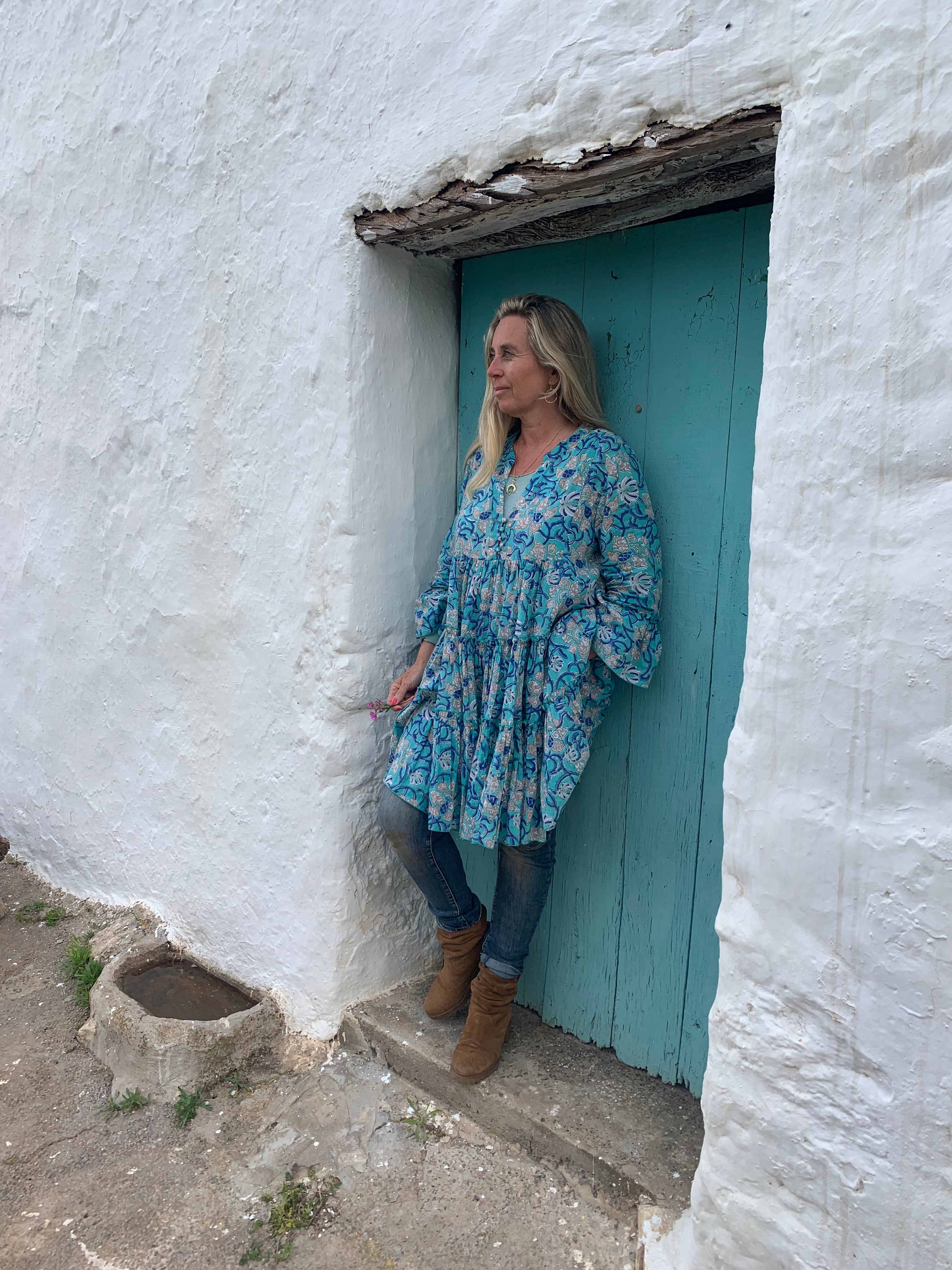 Geo Short Dress with Pearl Turquoise Details - Perfect for Summer Outings, Beach Vacations & Casual Events