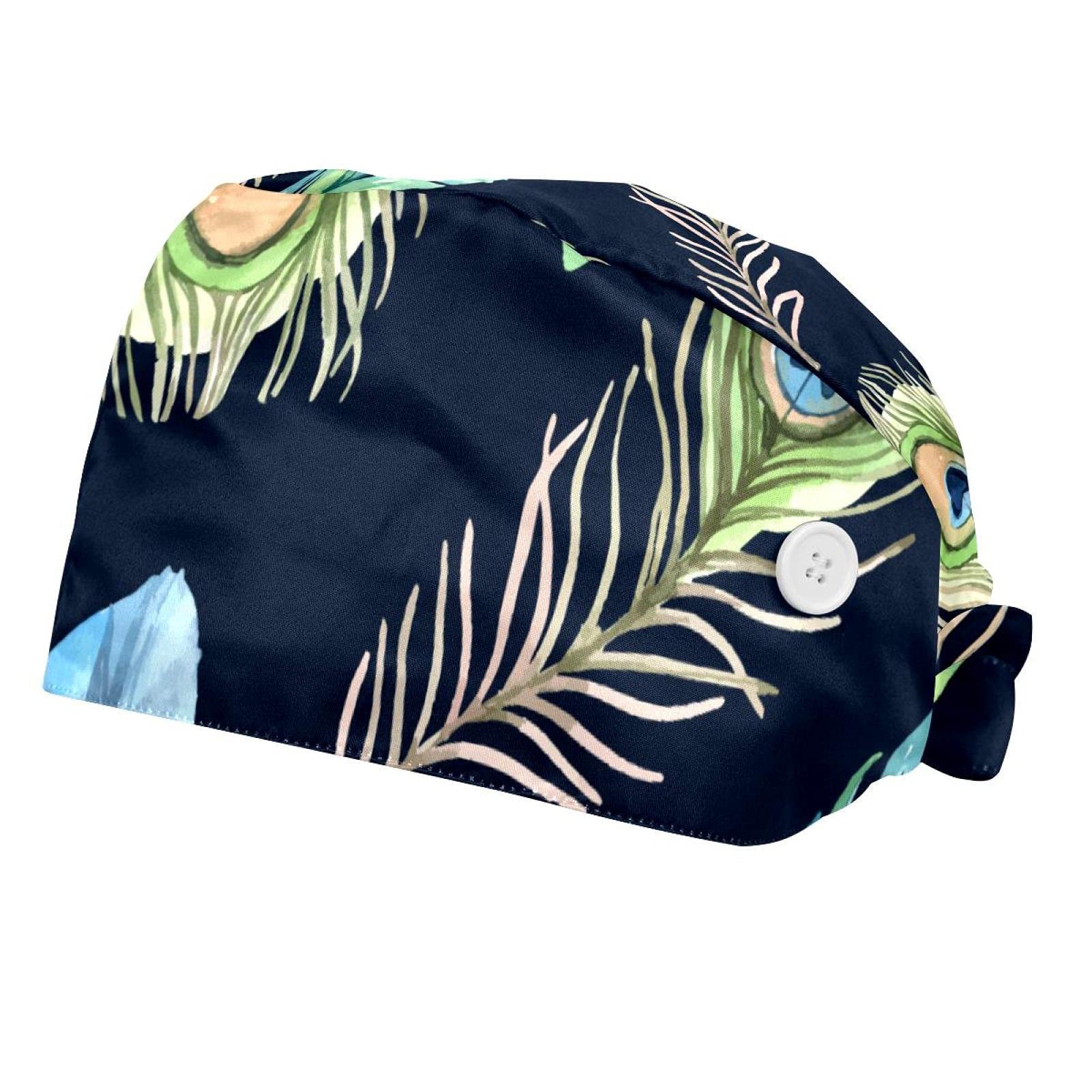 2 Pack Adjustable Unisex Bouffant Hats with Peacock Feather Pattern - Breathable Sweatband & Button Closure for Salon, Hospital, Food Service & Cosplay