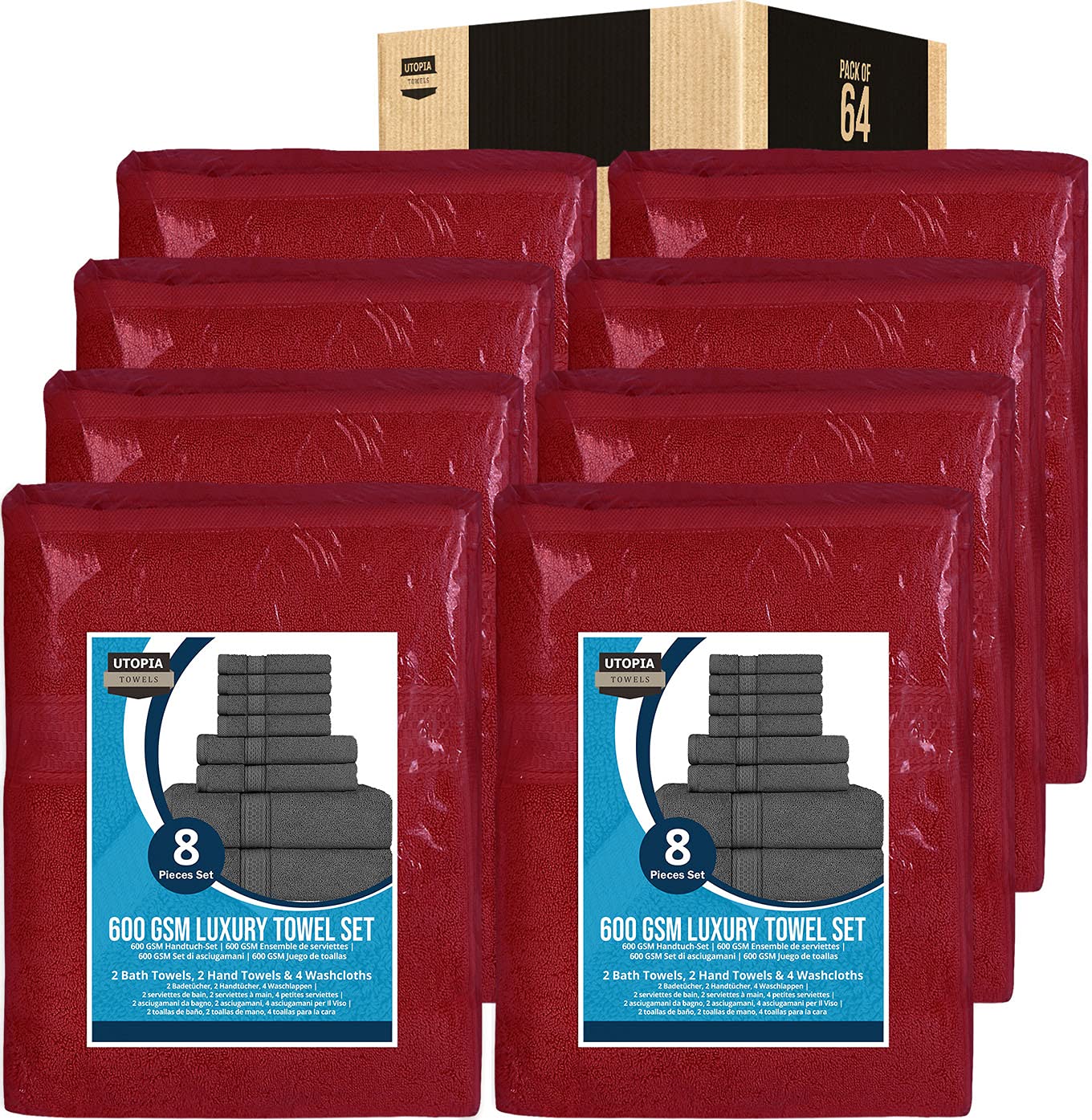 Utopia 64-Piece Luxury Towel Set - 16 Bath Towels, 16 Hand Towels & 32 Washcloths - 600 GSM Ring Spun Cotton - Super Absorbent & Soft - Perfect for Bathroom, Spa, Gym & Hotel Use (Red)