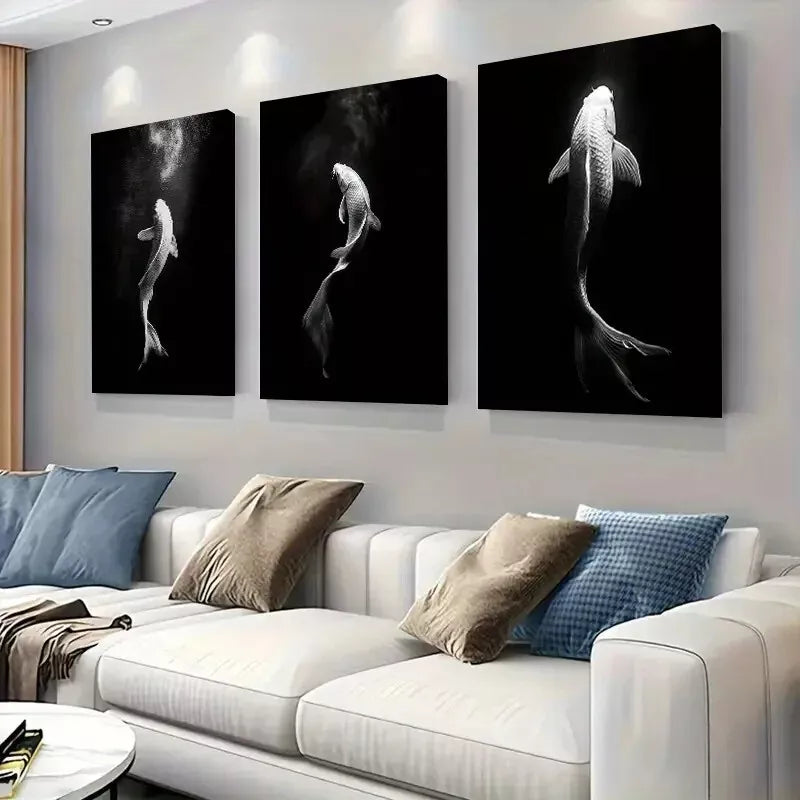 3-Piece Oriental Koi Fish Ink Art Canvas Set - Modern Framed Wall Decor 50x70cm | High Quality Print | Ready to Hang | Perfect for Living Room, Bedroom & Office Decor