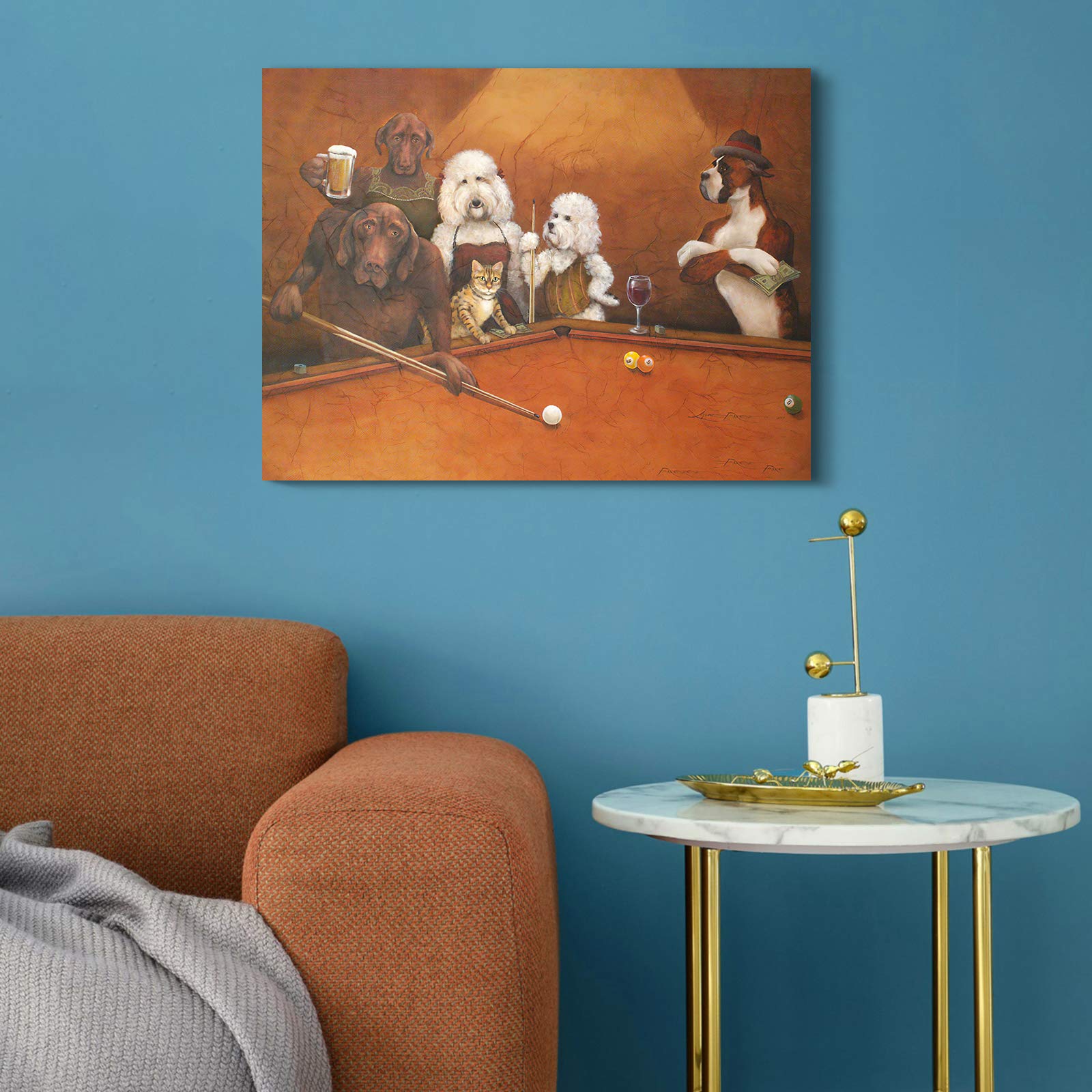 Denozer Dogs Playing Pool Oil Painting Reproduction - Cassius Marcellus Coolidge Billiards Art Giclee Canvas Print, 40x30 Inch Ready to Hang Wall Decor for Game Room, Man Cave or Entertainment Space