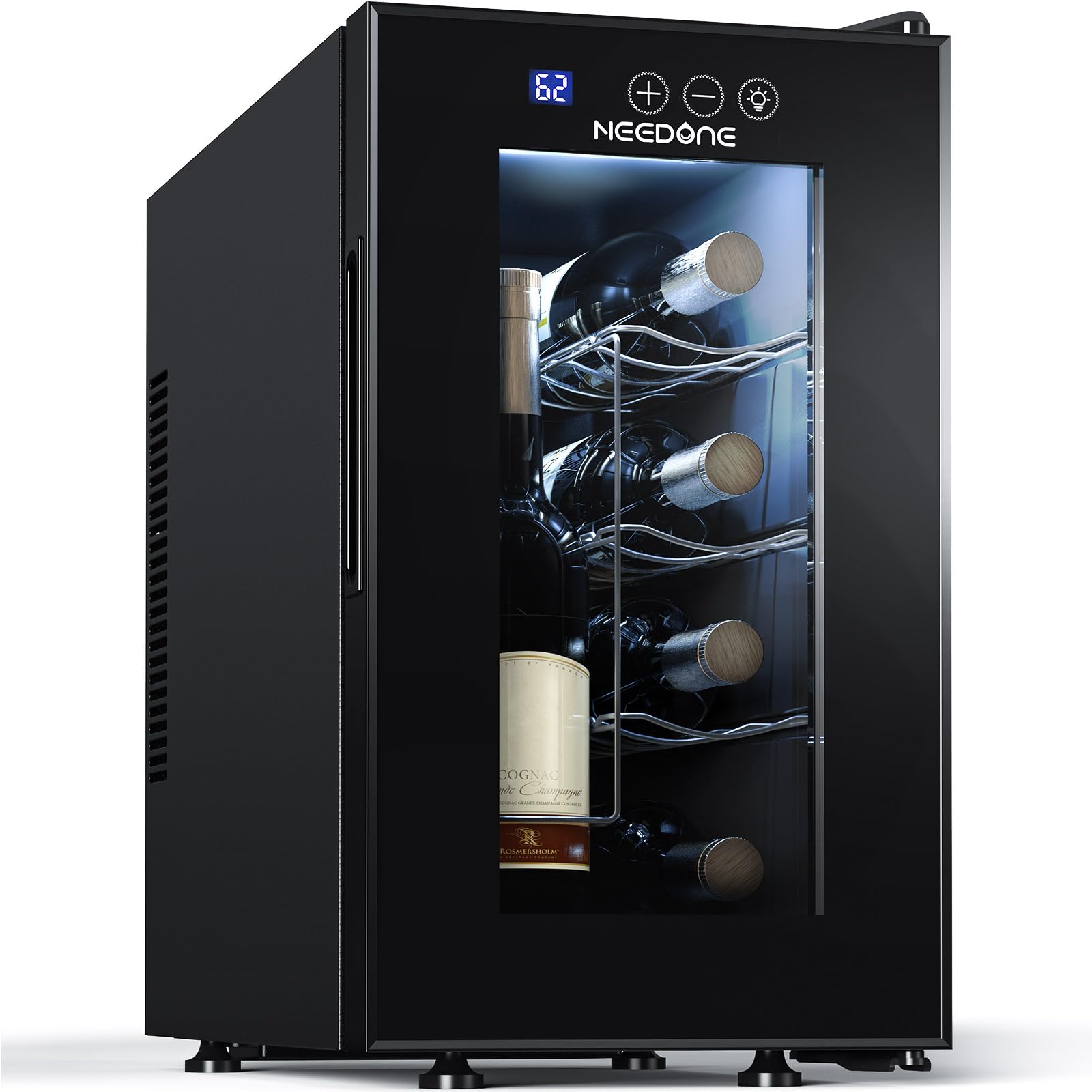 NEEDONE 8-Bottle Wine Cooler Fridge - Thermoelectric Wine Chiller with Built-in Rack & LED Lighting, Quiet Fast Cooling Wine Cabinet for Red/White Wine - Energy Efficient Gift for Women & Men - Perfect for Home Bar, Kitchen, or Office Use