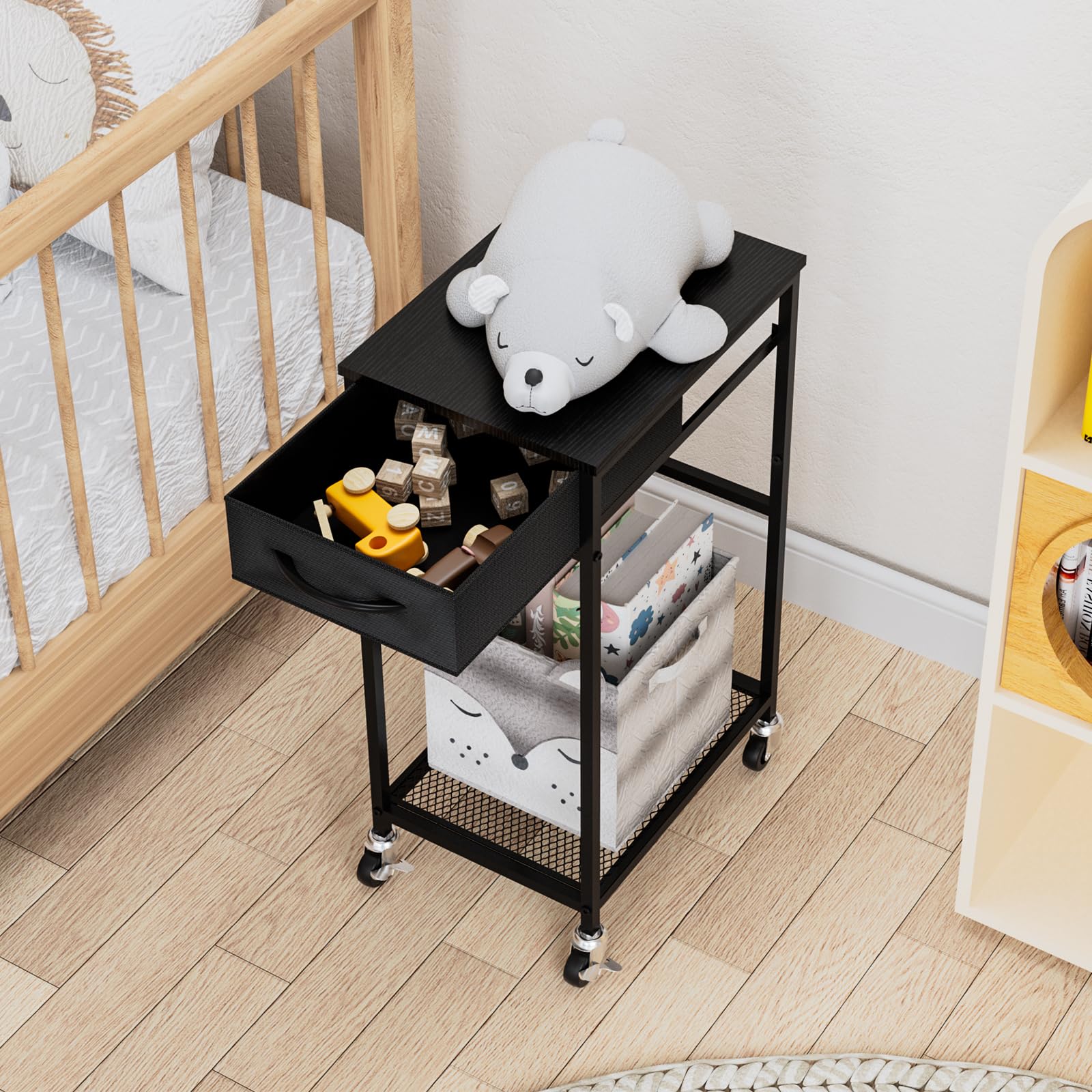 CADUKE 2 Tier PC Stand - Black Computer Tower Stand with Fabric Drawer & Wheels, Modern Printer Stand for Office & Home Use, Under Desk Organizer for Study Room & Gaming Setup