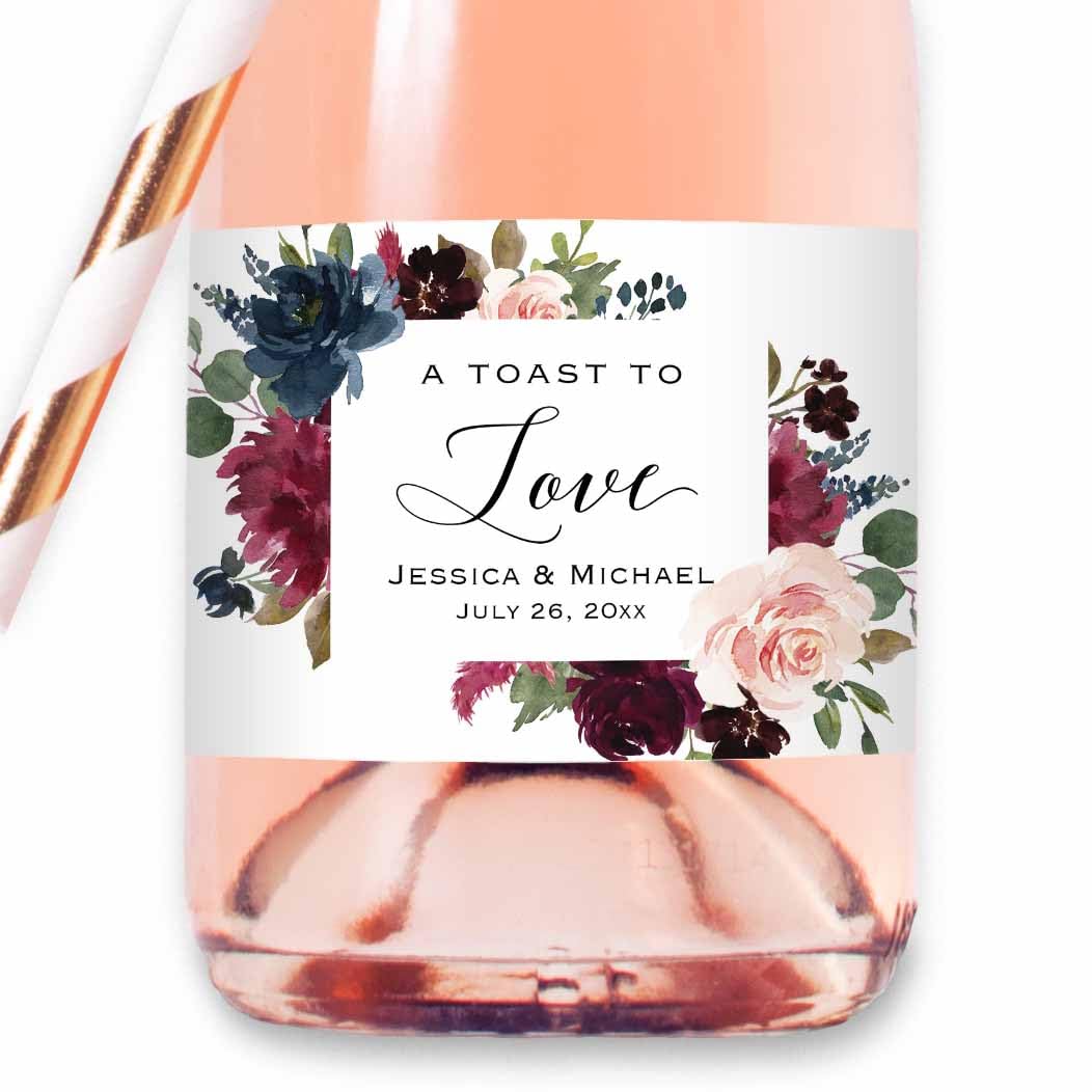 Custom Waterproof Mini Champagne Bottle Labels - Personalized Wedding, Anniversary, Bridal Shower & Birthday Party Stickers in Burgundy Navy Blue Floral Design | Perfect for Romantic Celebrations & Special Occasions