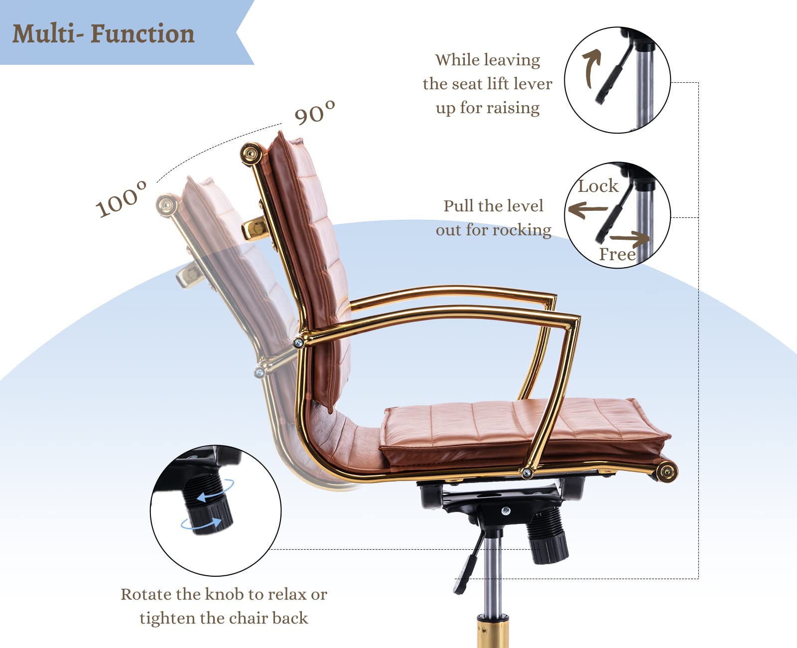 Premium Ergonomic Leather Office Chair with Wheels & Adjustable Height - Modern Brown Computer Desk Chair for Home & Conference Use - Comfortable Swivel Task Chair with Gold Base & Armrests - Ideal for Long Work Hours, Gaming & Remote Work