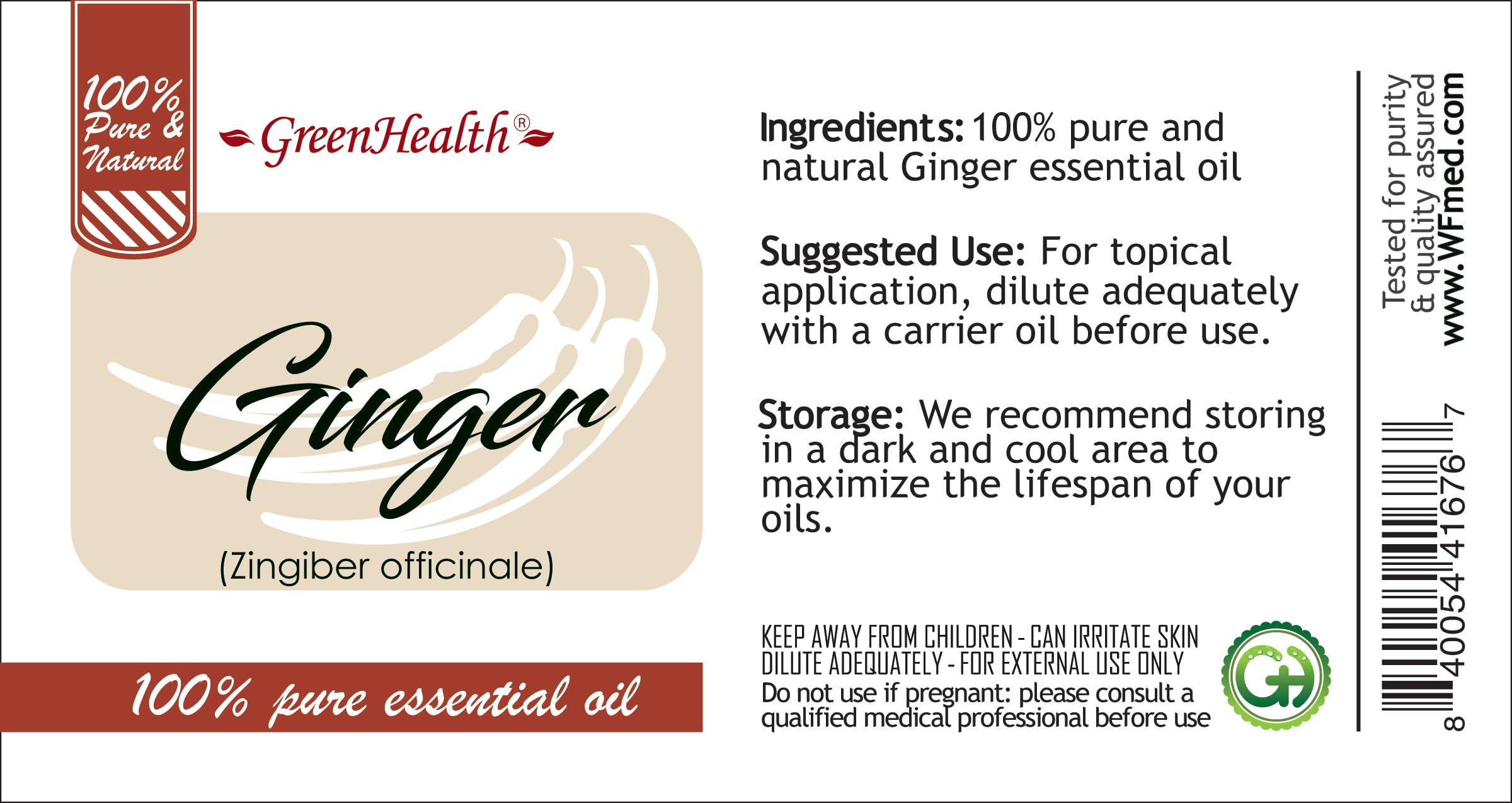 100% Pure Ginger Essential Oil - 2 fl oz (59 ml) Glass Bottle with Cap - Aromatherapy, Massage & DIY Skincare - GreenHealth