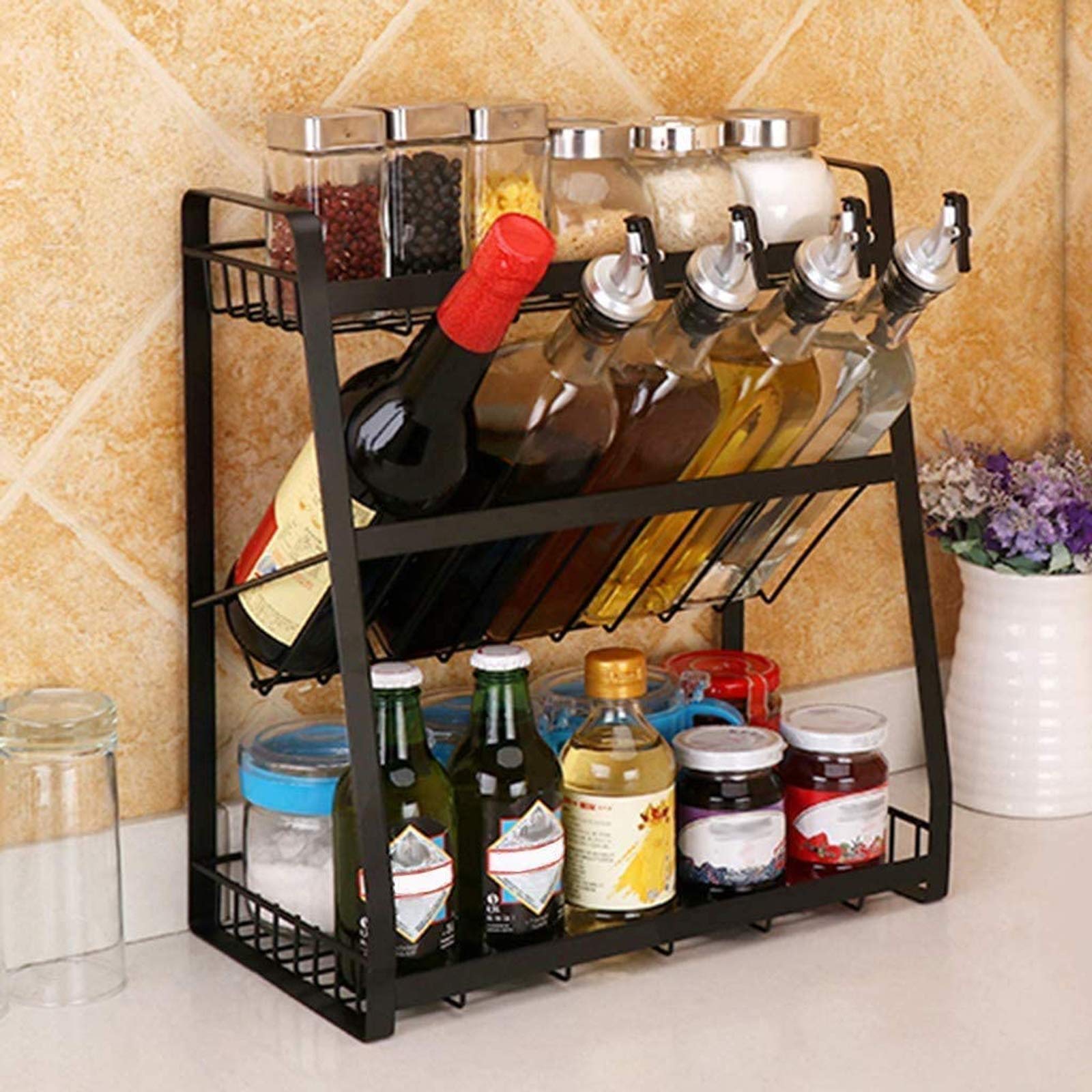 3-Tier Metal Spice Rack Organizer - Standing Kitchen Seasoning Shelf for Spice Bottles, Vegetable & Fruit Storage Basket - Multi-Purpose Jar Organizer for Pantry, Countertop & Cabinet Organization