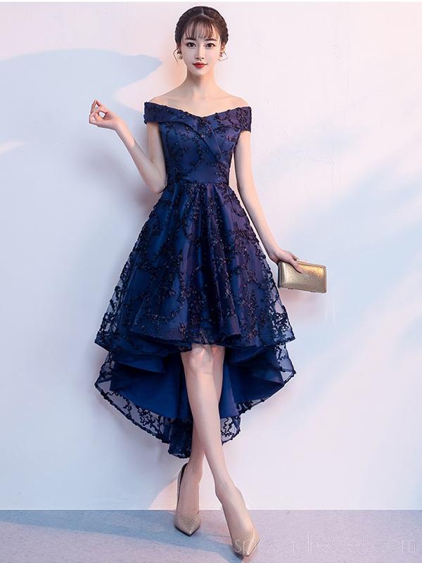Elegant Off Shoulder Navy Blue Lace High-Low Homecoming Dress for Women - Sexy Short Prom Gown CM797 - Perfect for Parties, Dances & Special Occasions