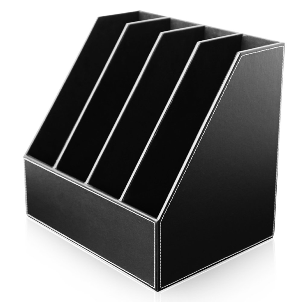 KINGFOM 4-Slot Wooden Leather Document File Holder - Desk Organizer for Office Paper Storage, Black - Perfect for Home Office, Study Desk & Professional Workspace Organization