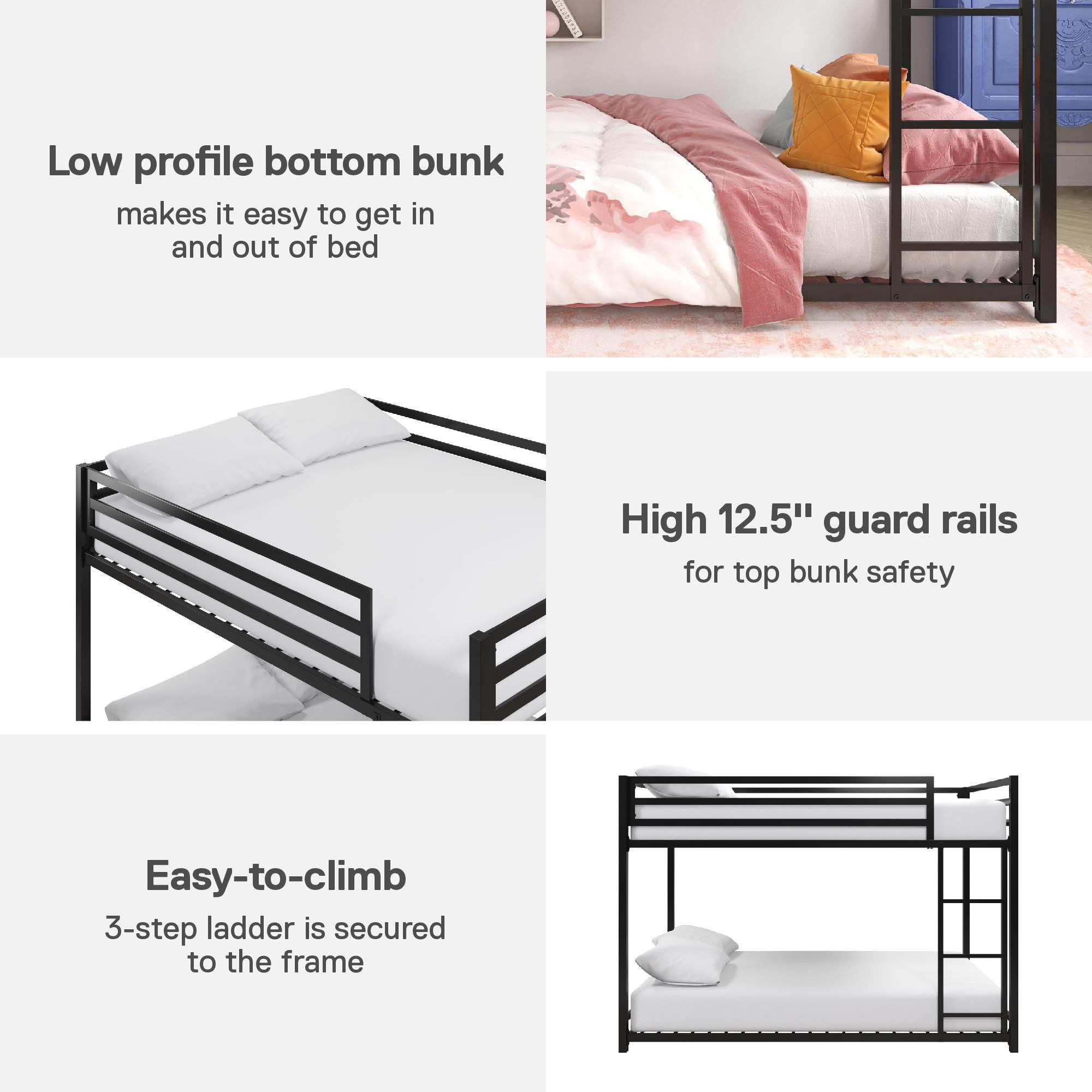 DHP Miles Low Metal Bunk Bed Frame for Kids - Full Over Full Size with Built-in Ladder & High Guardrail | Sturdy Metal Slats, No Box Spring Needed | Space Saving Design for Small Rooms | Perfect for Kids' Bedrooms, Dormitories & Guest Rooms (Black)