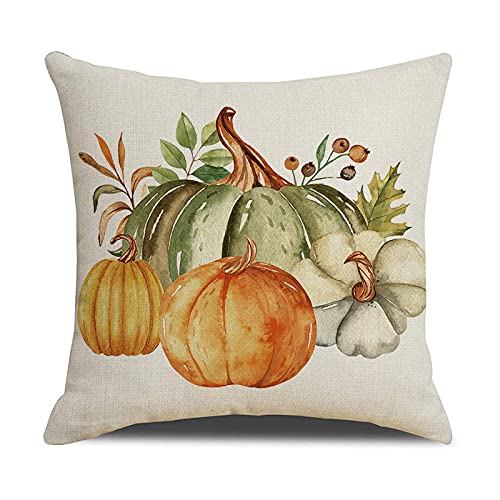 Fall Pumpkin Throw Pillow Covers Set of 4 - 18x18 Inch Autumn Thanksgiving Decorative Pillow Cases for Sofa, Couch, Bed - Cozy Home Decor for Living Room, Porch & Seasonal Holiday Decorations