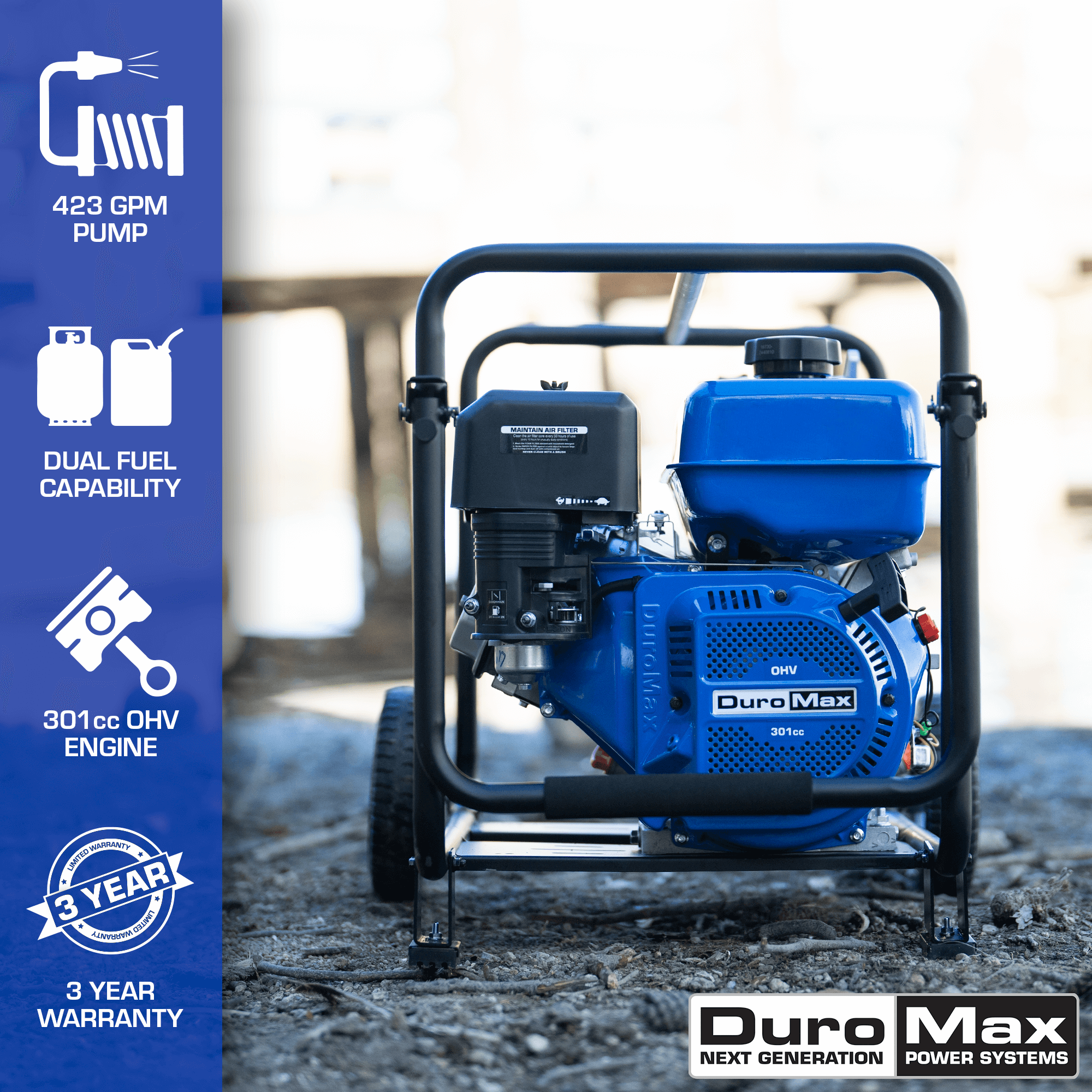 423 GPM 4-Stroke Dual Fuel (Gasoline/Propane) Portable Water Pump - Ideal for Home, Farm, Construction & Emergency Water Transfer