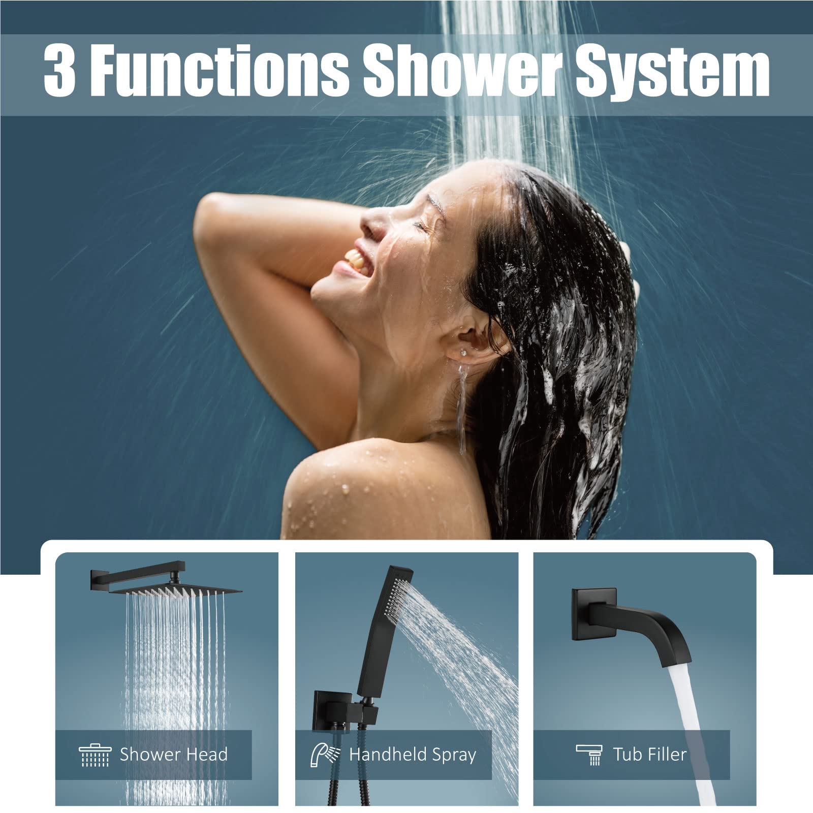 Luxury Aolemi Rainfall Shower System Combo Set - 10 Inch Matte Black Shower Head, Handheld Shower, Tub Filler & Rough-in Valve - Wall Mount Bathroom Mixer Faucet for Spa-Like Experience | Perfect for Master Bathrooms & Modern Home Renovations