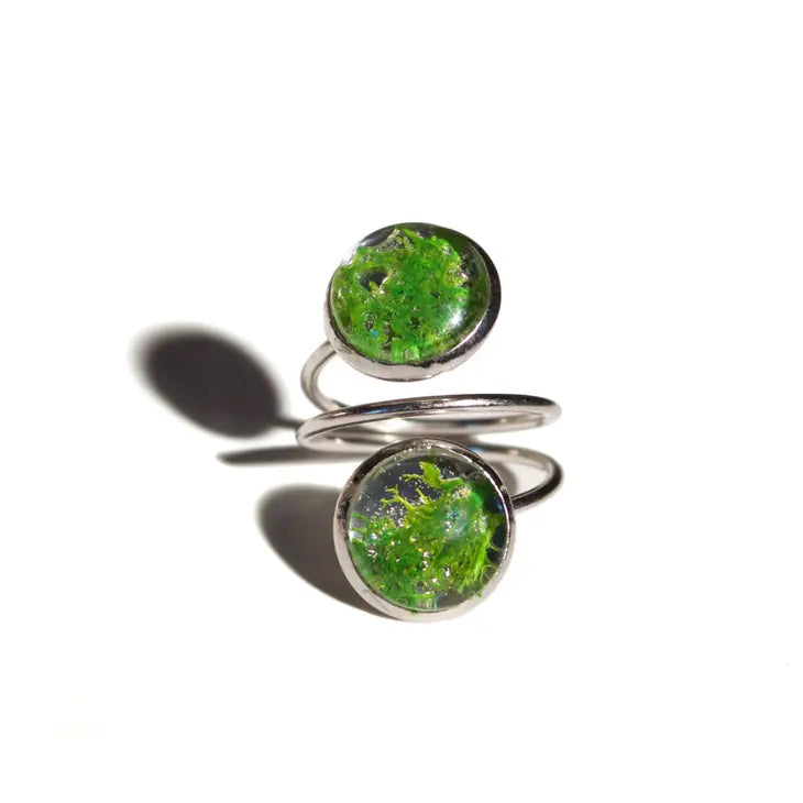 With Roots Glass Moss Double Wrapped Ring in Silver - Elegant Nature-Inspired Jewelry for Women, Perfect for Weddings, Parties & Everyday Wear