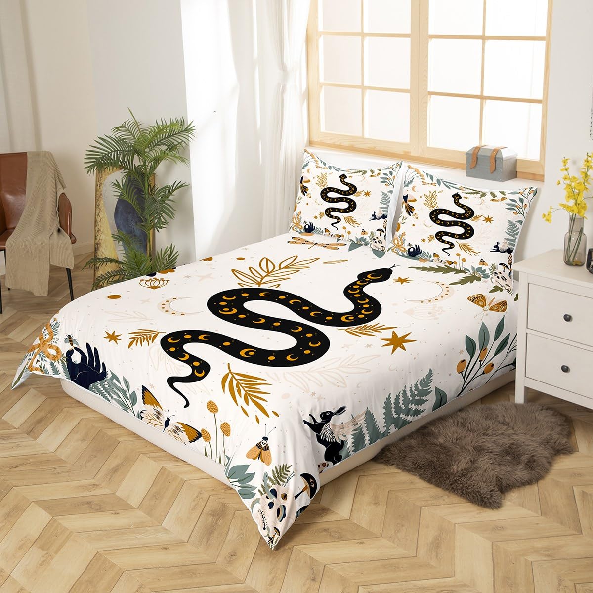 Erosebridal Snake Print Comforter Cover Set - Sun and Moon Duvet Cover with Pillowcase, Twin Size White | Sugar Skull & Galaxy Starry Sky Design for Kids, Boys & Girls | Perfect for Bedroom Decor, Themed Parties & Cozy Sleep