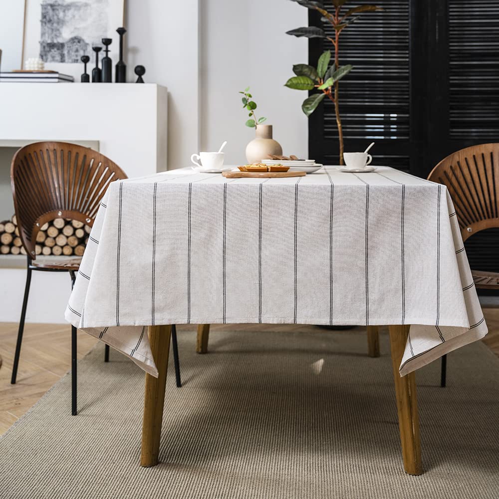 ArtBud Cotton Linen Tablecloth - Heavy Duty Boho Farmhouse Style Washable Table Cover with Burlap Striped Design (55