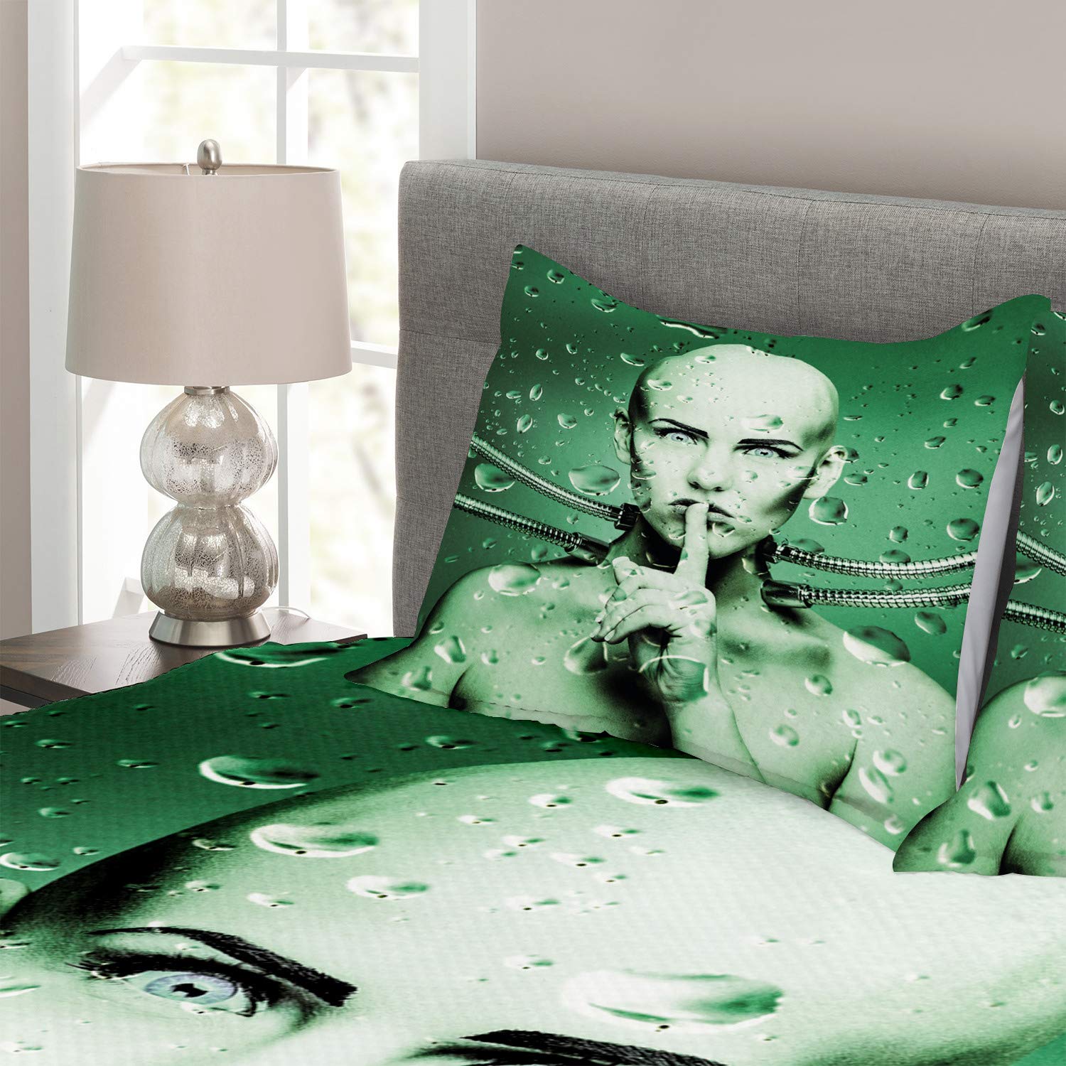 Ambesonne Futuristic Robot Girl with Cables Underwater Design 3-Piece Bedspread Set - King Size Green Bedding Coverlet & 2 Pillow Shams | Modern Sci-Fi Home Decor for Teen & Adult Bedrooms