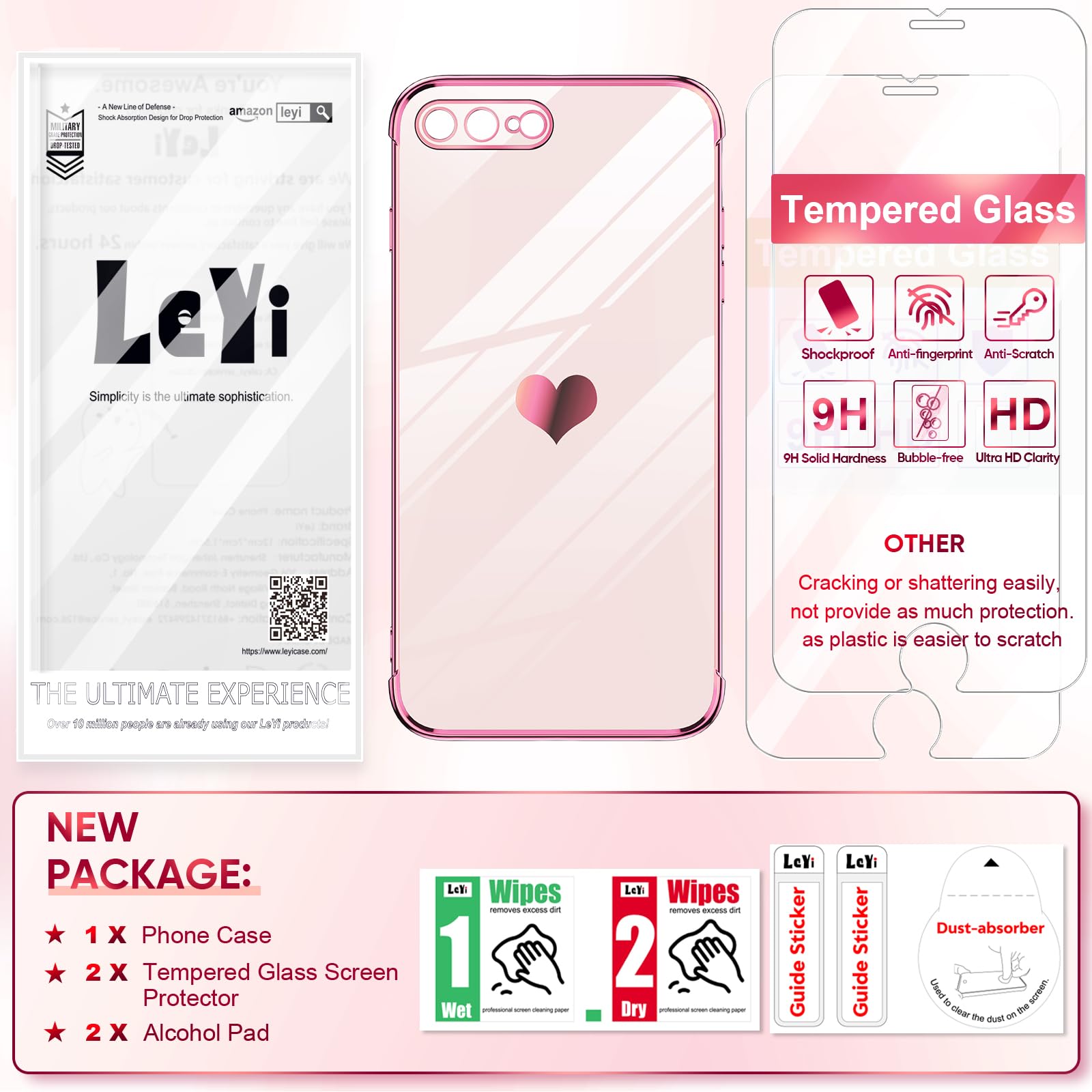 Shockproof iPhone 7 Plus/8 Plus Case with Tempered Glass Screen Protector (2 Pack) - Heart Design Full Camera Protection Pink Phone Cover - Perfect for Daily Use, Travel & Gift Giving