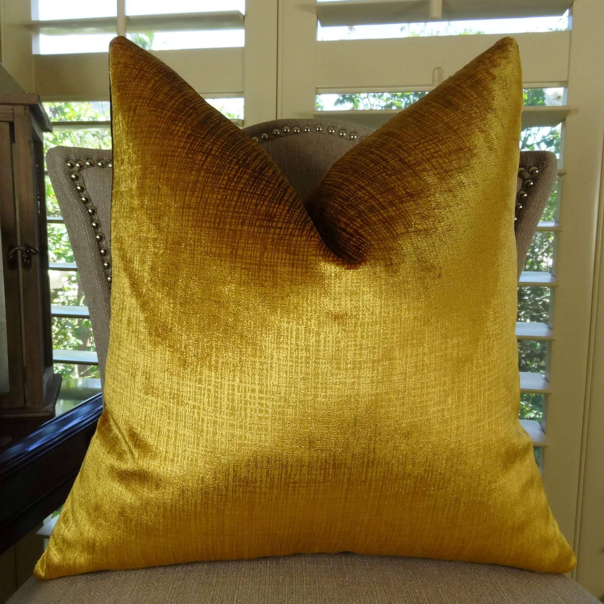 Plutus Lumiere Bronze Handmade Decorative Throw Pillow 26x26 Inch - Luxurious Gold Accent Cushion for Sofa, Bedroom & Living Room Decor
