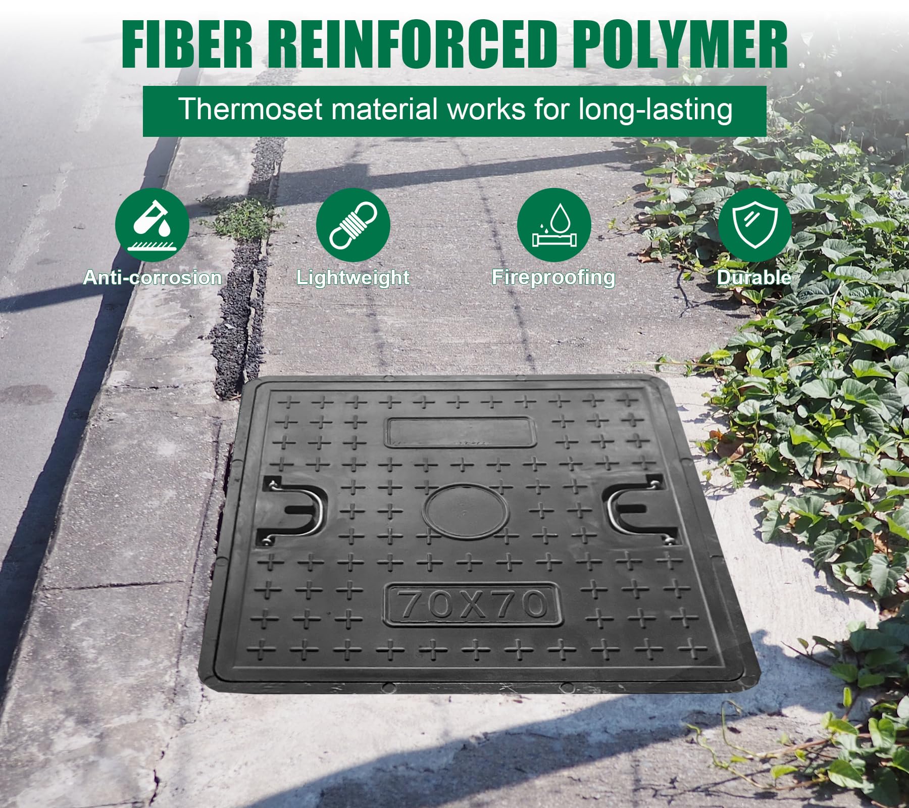 28x28in Fiberglass Square Manhole Cover and Frame - 24x24in Recessed Solid Top Cover with 21.5in Clear Opening - Non-Slip Reinforced Sewage Basin Cover with Handle for Septic Tanks - Ideal for Residential, Commercial, and Municipal Drainage Systems