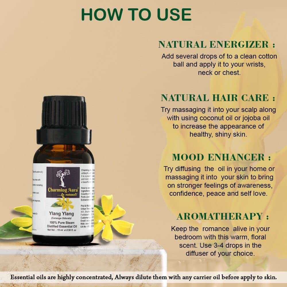 Ylang Ylang Essential Oil 100% Pure & Natural - Therapeutic Grade for Skin Care, Hair Growth, Immunity Boost, Face & Body - Aromatherapy Diffuser, Massage, Relaxation (15ml)