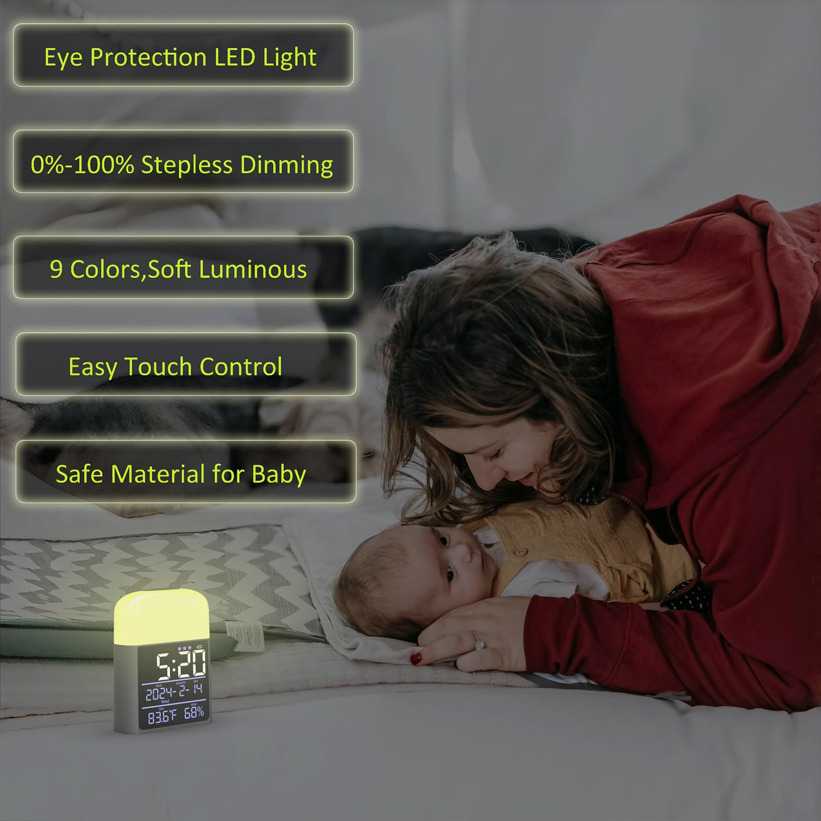Digital Alarm Clock with Night Light for Kids - Wake Up Light Clock with Loud Alarm, Large Display & 9 Color Changing LED Table Lamp - Eye Protection Desk Lamp for Bedroom, Reading & Study - Includes Power Adapter (Grey)