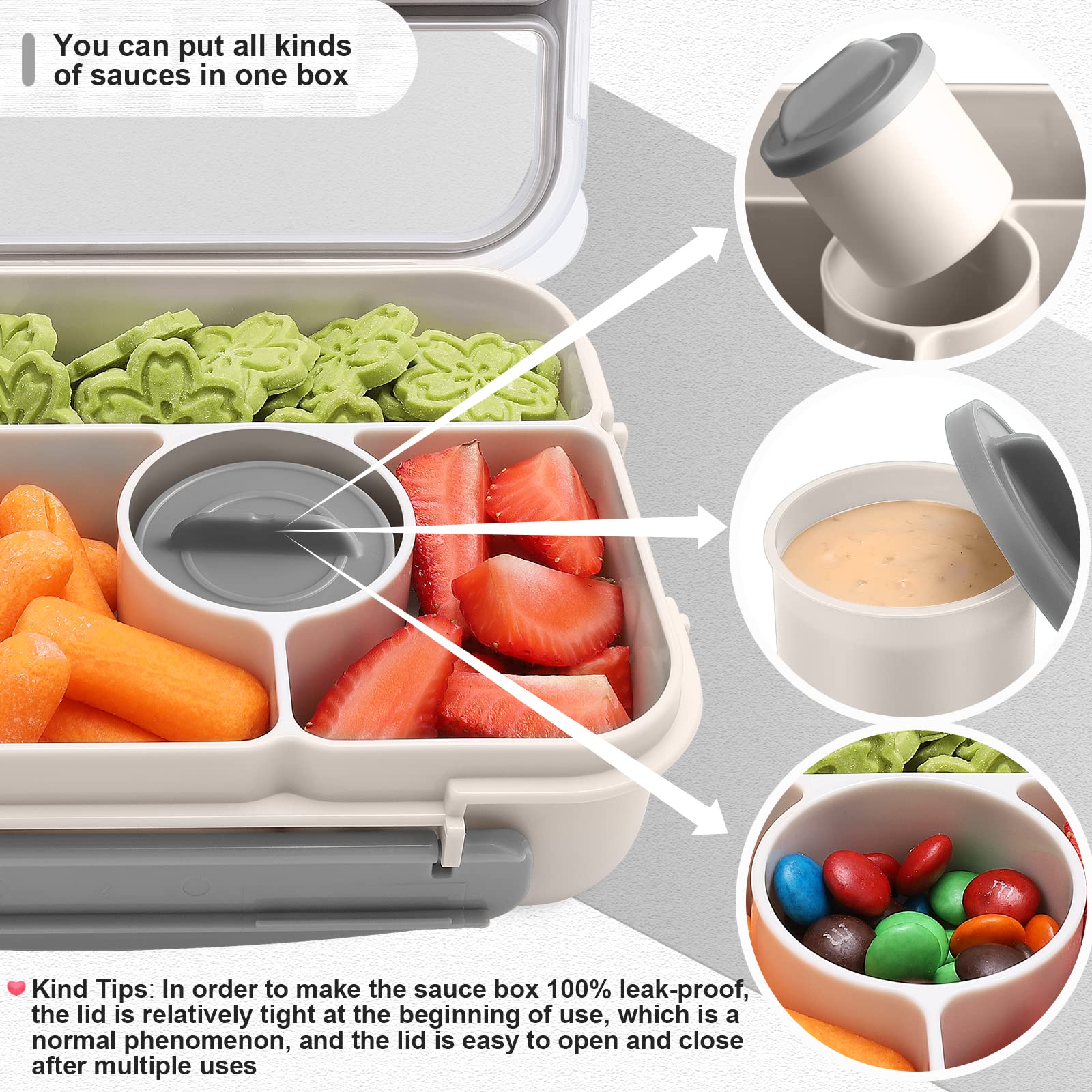5 Compartment Bento Lunch Box for Adults & Kids - Microwave, Dishwasher & Freezer Safe with Sauce Containers | Perfect for School, Office & Picnic (White)