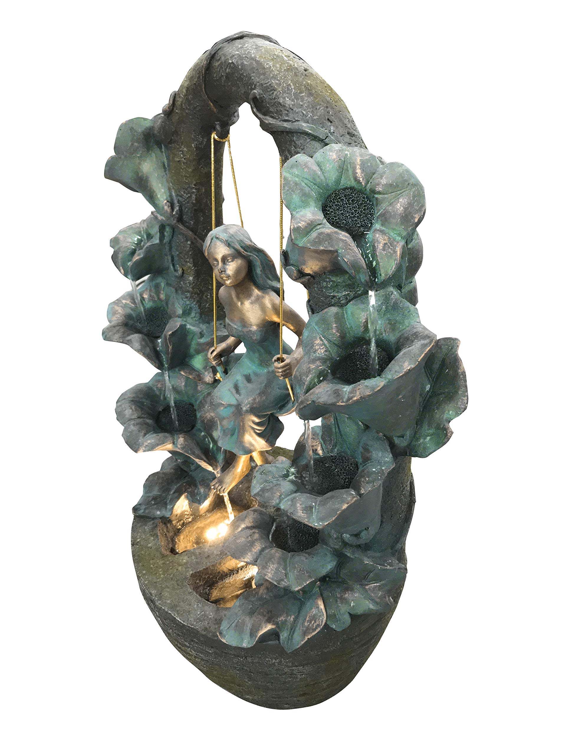Hi-Line Gift Ltd. Outdoor LED Swing Girl Fountain Statue - 2 Warm White Lights, Grey/Natural Stone Finish - Perfect for Garden Decor, Patio, Yard & Landscape Lighting