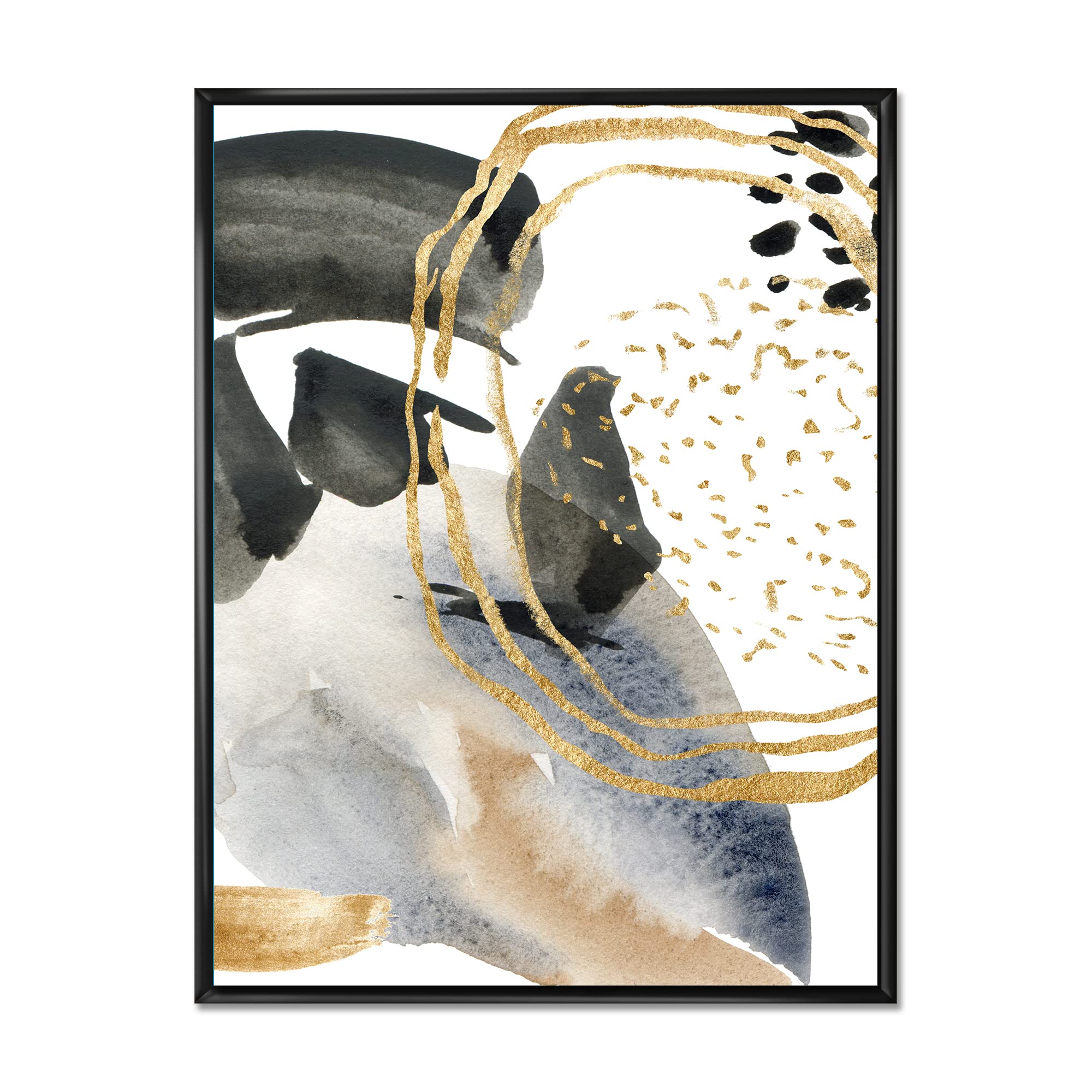 Pastel Abstract Framed Canvas Wall Art with Blue, Black, Beige & Gold Spots - Modern Home Decor for Living Room, Bedroom & Office