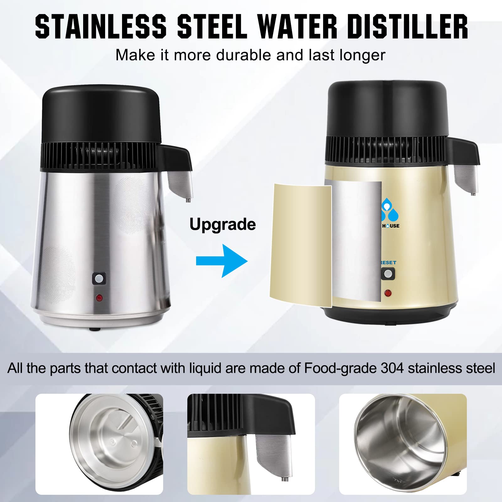 DC HOUSE 1 Gallon Water Distiller Machine - 304 Stainless Steel 4L Countertop Distiller with Glass Container, 750W for Pure Drinking Water - Perfect for Home, Office, and Emergency Preparedness