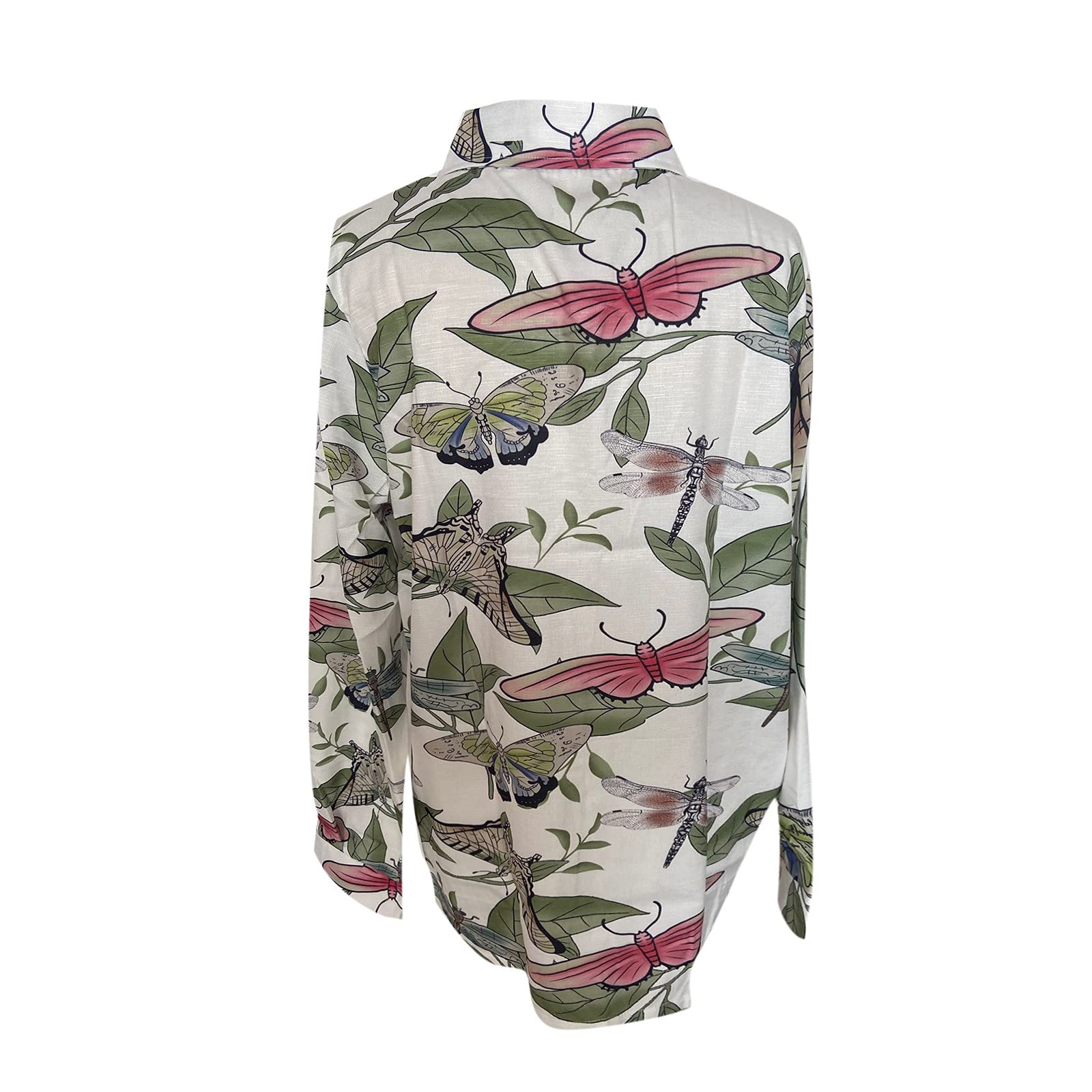 Women's Lapel V-Neck Mushroom Print Shirts - Summer Cotton Linen Long Sleeve Button Down Blouses for Casual Work & Outdoor Activities