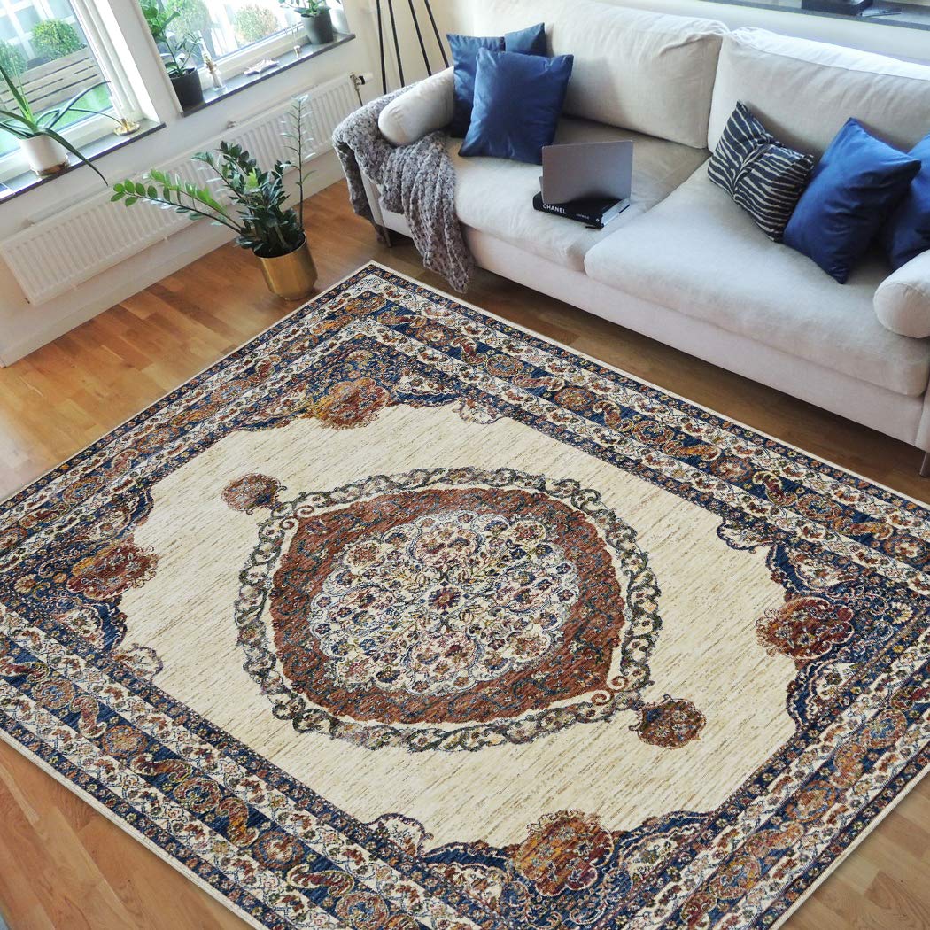 HR Traditional Rugs - Luxury Bohemian Vintage Area Rugs for Living Room, Distressed Beige Multi Color - Perfect for Boho Chic Home Decor & Cozy Floor Covering