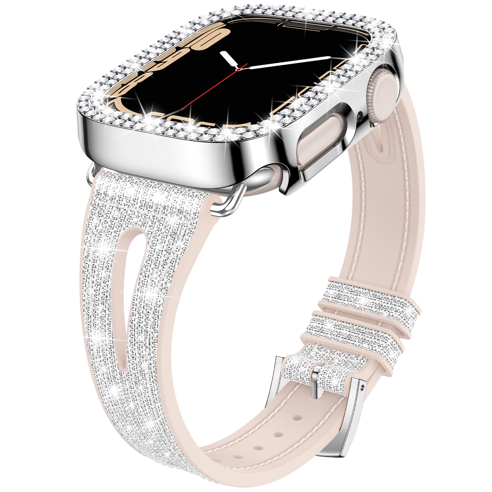 Goton Bling Band Case Compatible with Apple Watch Series 10/9/8/7/SE/6/5/4/3/2 - 46mm 45mm 44mm 42mm 41mm 40mm 38mm - Women's Glitter Rhinestone Silicone Strap with Bumper Cover - Perfect for Workouts, Parties & Everyday Fashion Accessory