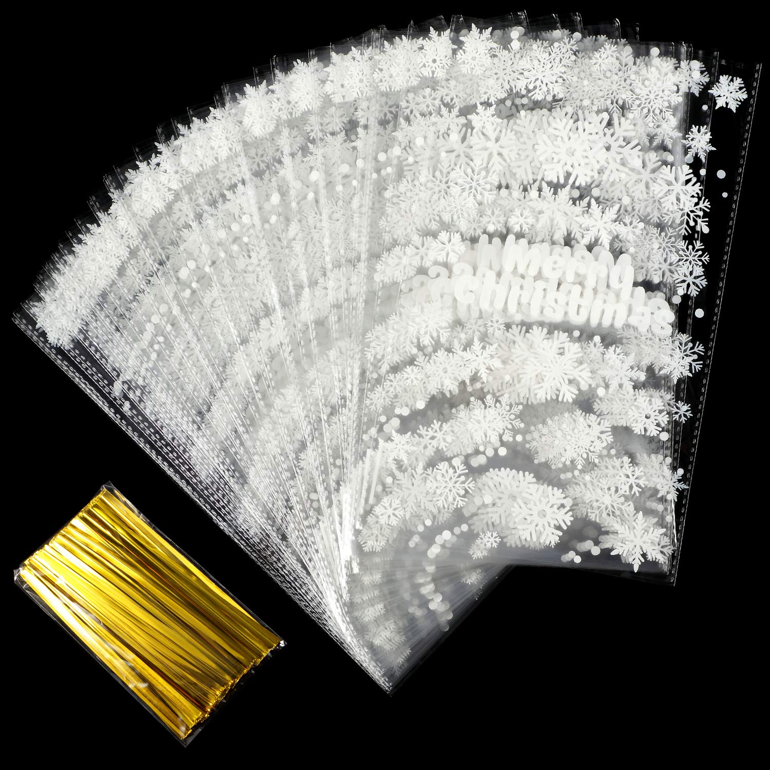 HESTYA 50-Pack Clear Cellophane Treat Bags with Twist Ties - Block Bottom Patterned Storage Bags for Candy, Cookies & Party Favors - Christmas, Birthday, Baby Shower & Wedding Gift Packaging (White, Classic Style)