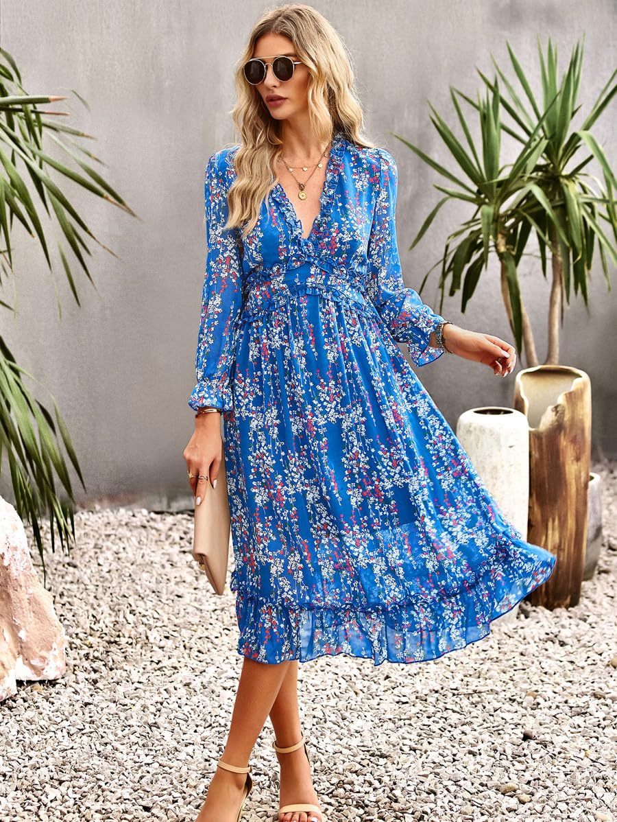 Women's Floral Chiffon Midi Dress - V Neck, Ruffled Long Sleeve A-Line Casual Summer Dress for Party, Wedding & Vacation Outfits