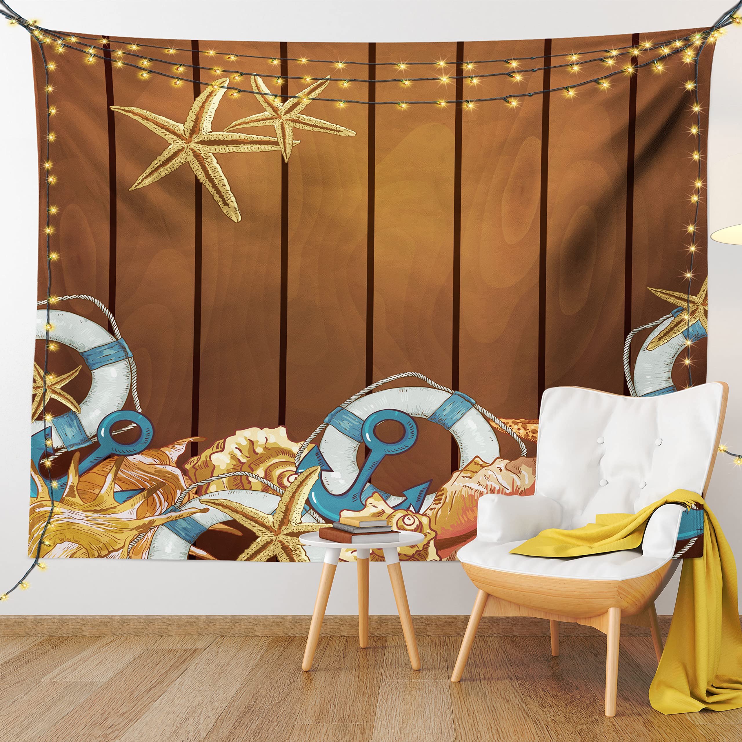Ambesonne Seashells Tapestry Queen Size - Nautical Wall Hanging with Anchors & Starfish on Wooden Backdrop, Blue White Brown Sea Theme Bedspread - Perfect for Beach House Decor, Bedroom Wall Art, or Coastal Living Room Design