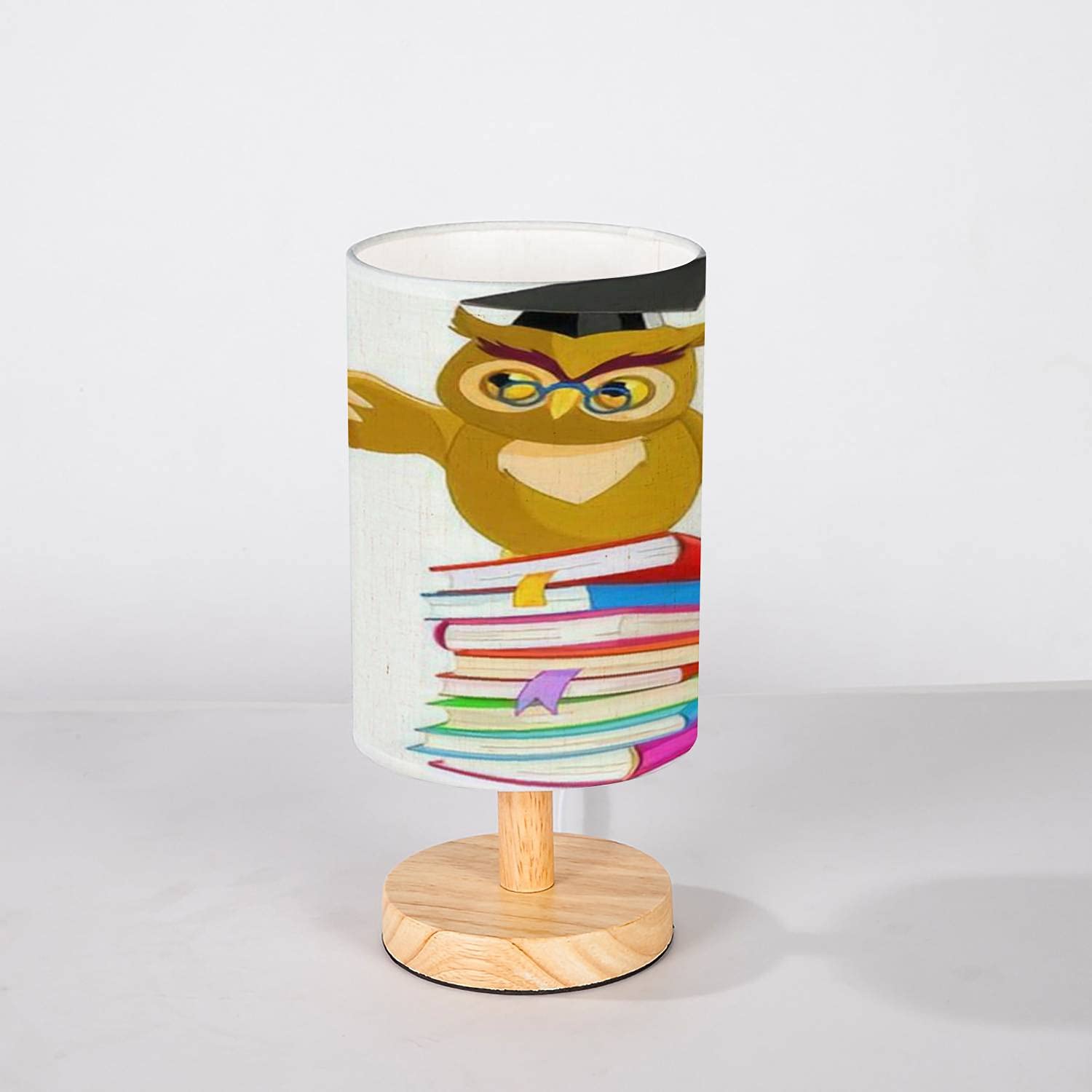Minimalist Owl Table Lamp - Solid Wood Nightstand Lamp with Linen Shade, Cartoon Wise Owl Sitting on Books - Bedside Desk Lamp for Bedroom, Living Room, Nursery & Office Decor