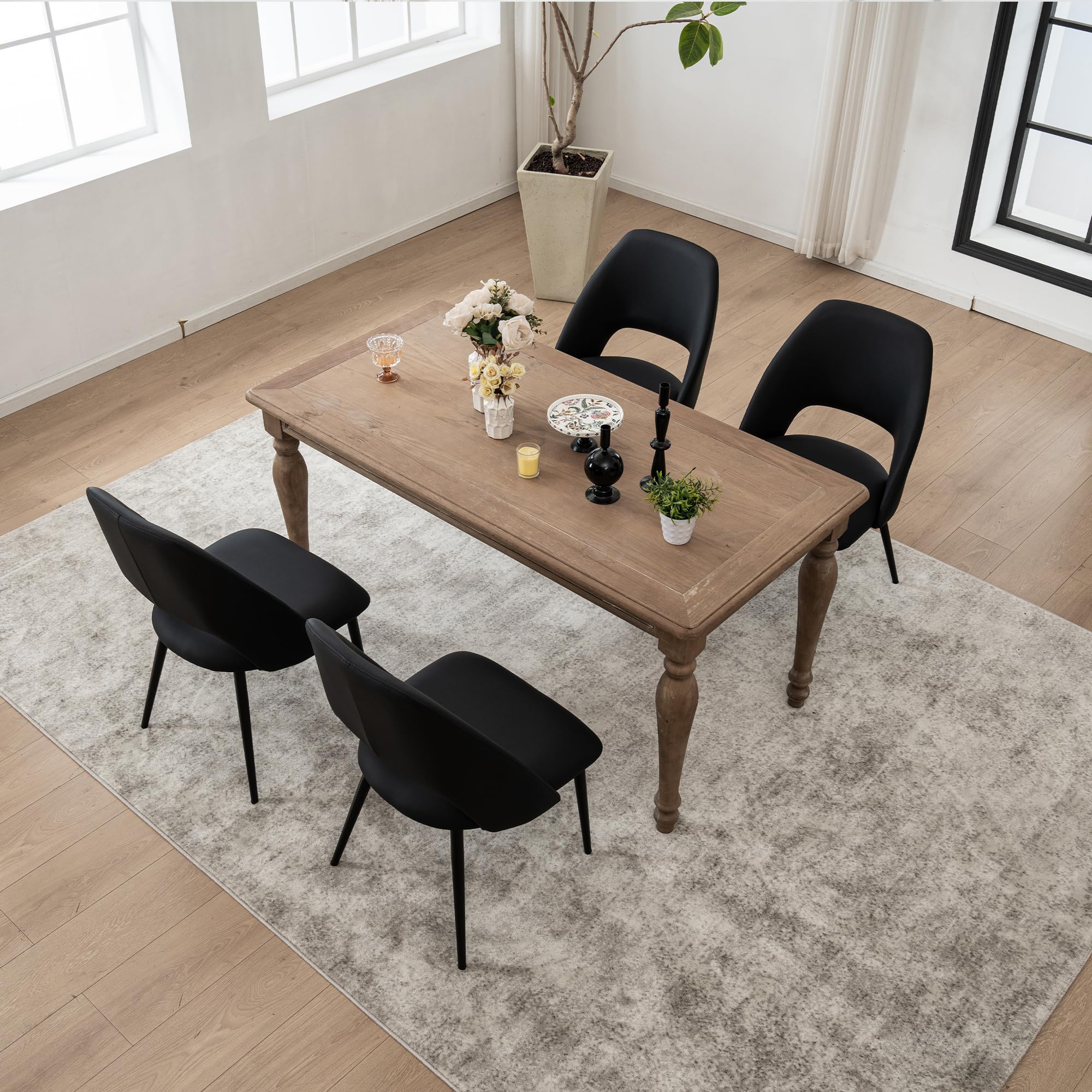 Rowill Mid Century Modern Dining Chairs Set of 2 - Black Faux Leather Upholstered Kitchen Chairs with Metal Legs for Dining Room, Living Room & Bedroom - Perfect for Small Spaces & Modern Home Decor