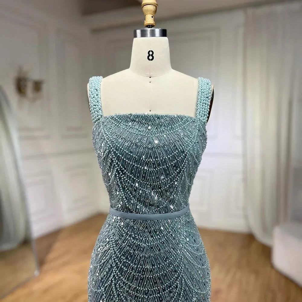 Serene Hill Turquoise Mermaid Beaded Pearls Spaghetti Strap Floor Length Evening Gown - Women's Formal Party Dress for Prom, Wedding, Gala & Special Occasions 2025 LA72032C