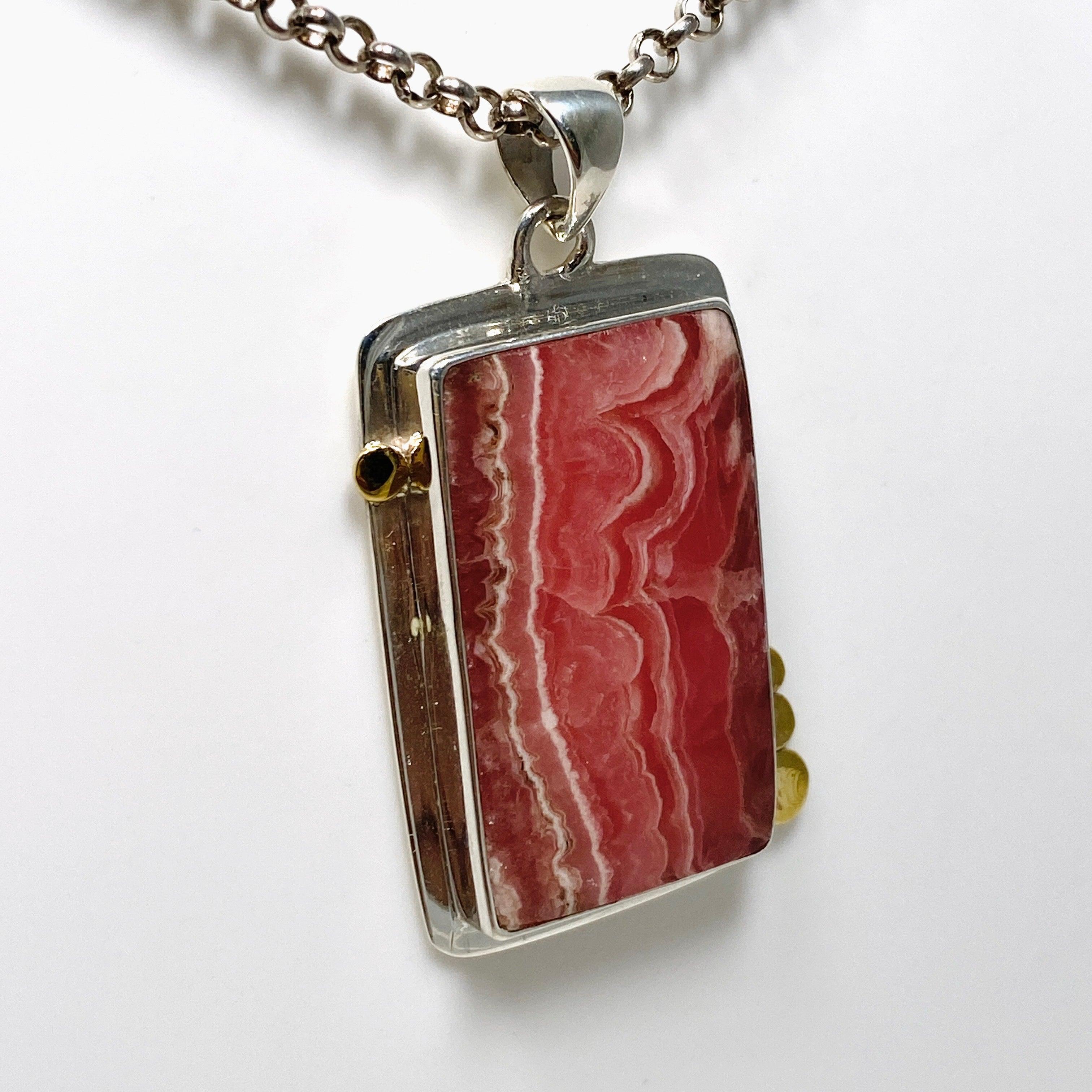 Rhodochrosite Rectangular Pendant with Brass Accents KPGJ4324 - Elegant Gemstone Jewelry for Women, Gift for Her, Perfect for Valentine's Day & Anniversary