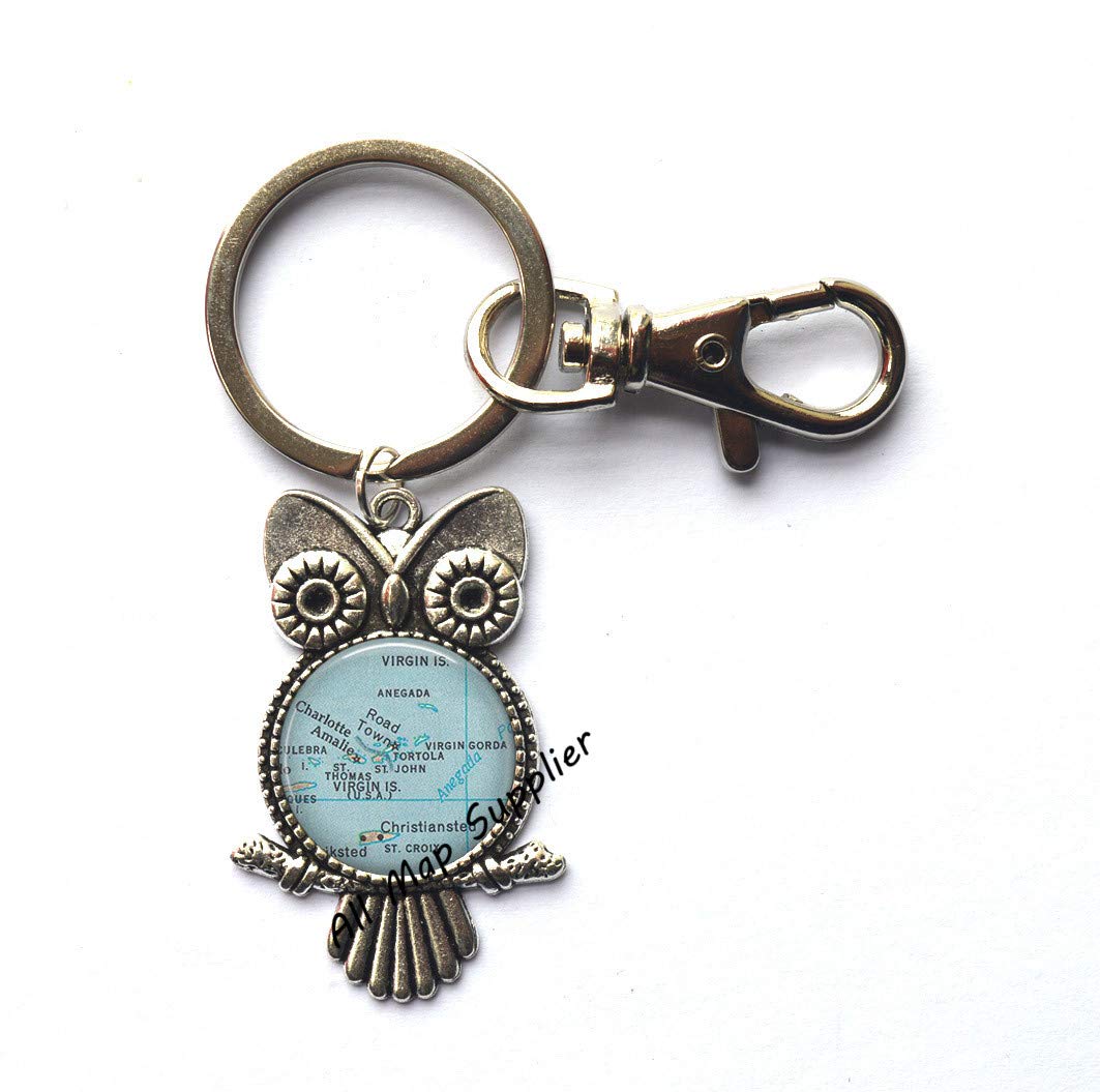 Charming Owl Keychain with Virgin Islands Map - St Thomas, St Croix & Charlotte Amalie Caribbean Souvenir Key Ring (A0215) - Perfect Travel Gift & Island-Themed Accessory