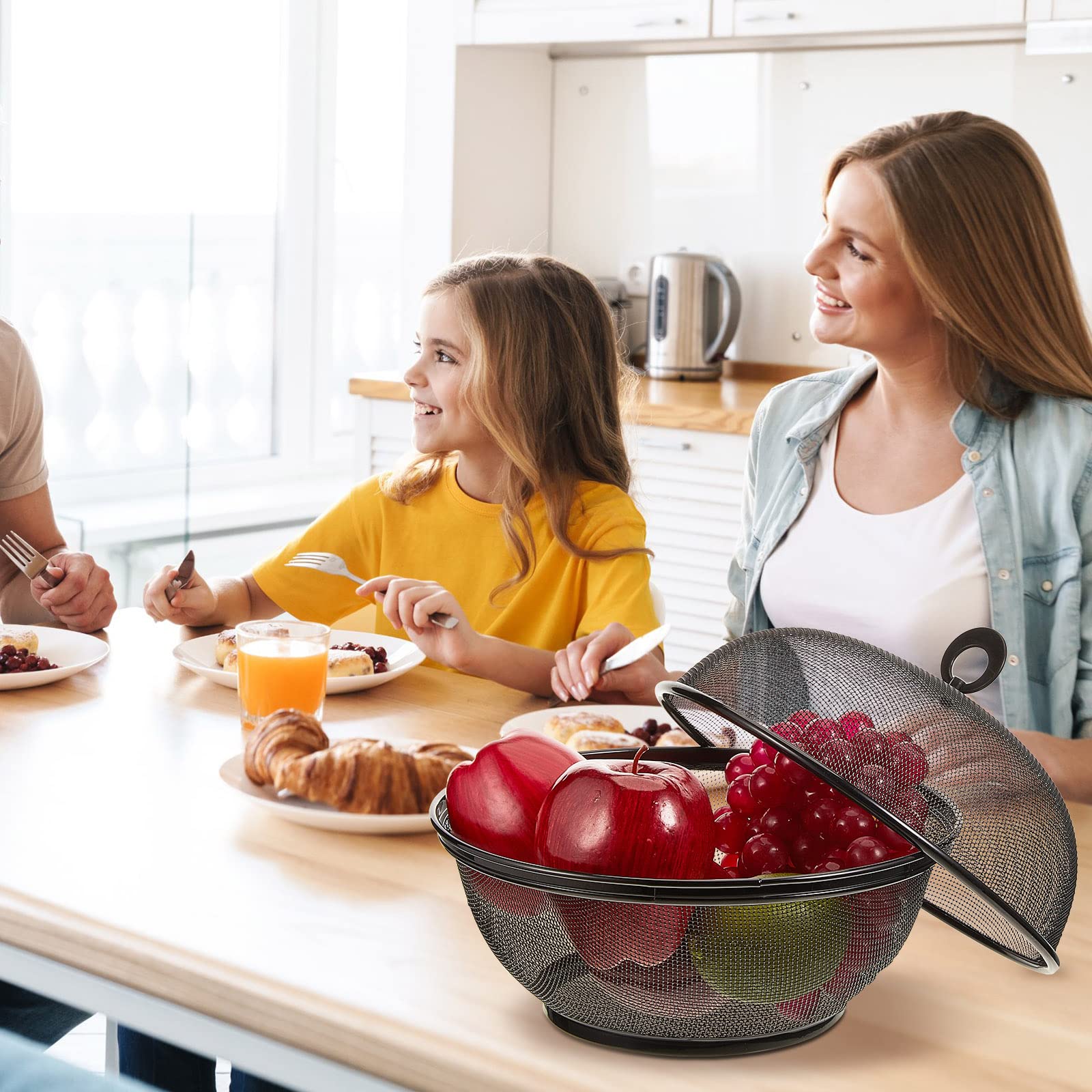 Suclain 4-Piece Mesh Food Cover Set with Lids - 10-Inch Ventilated Fruit Basket for Kitchen, Restaurants & Outdoor Use - Perfect for Storing Fruits, Vegetables & Picnics (Black) | Ideal for Food Protection, Party Serving & Home Organization