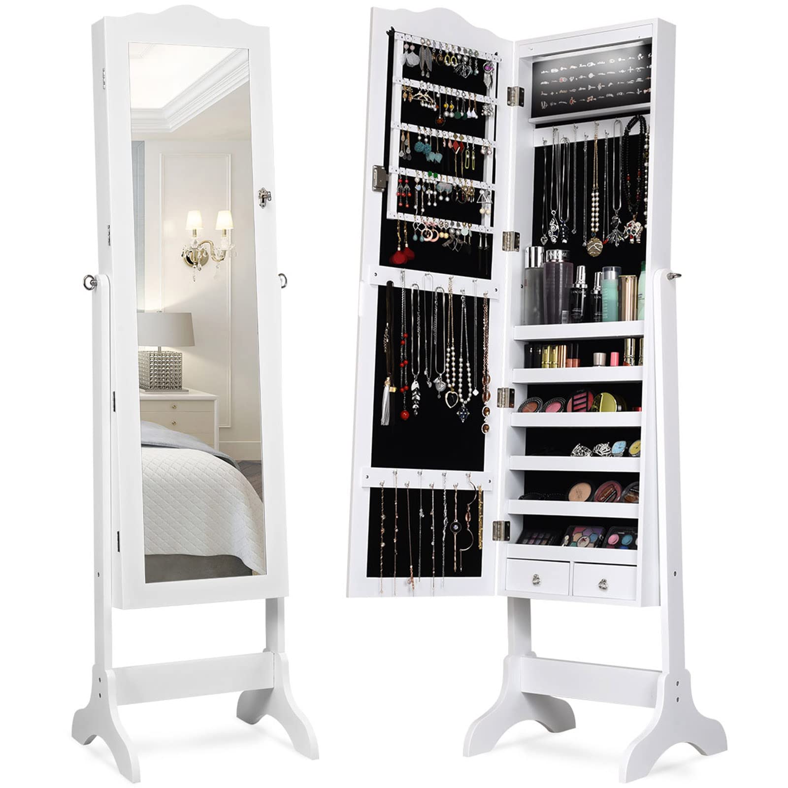 Giantex Floor Standing Jewelry Armoire Organizer with Full Length Mirror - 14 LED Lights, 2 Drawers, 4 Adjustable Angles & Lockable Storage - White Jewelry Cabinet for Bedroom, Closet & Dressing Room
